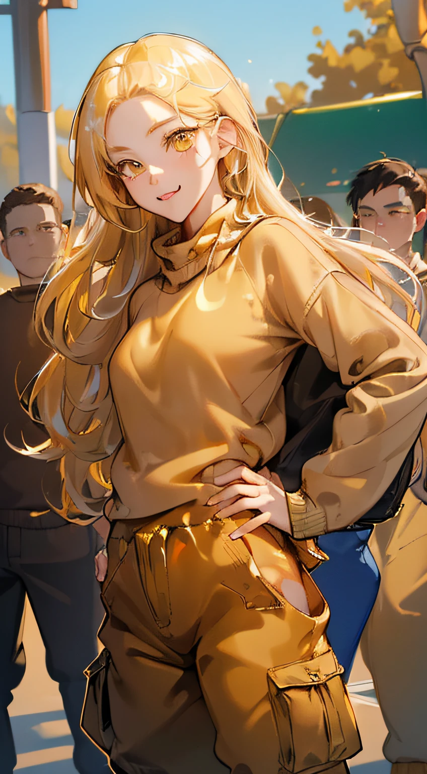 highres, ultra detailed, 1girl, solo, extremely detailed eyes, (Gold colored hair:1.5) ,long hair, (straight waist-length gold colored hair:1.5) ,(Anti-flash white-colored eyes:1.5) , ulzzang , she is wearing a (( Brown colored Sweater  Overszie :1.5)) ,((Ochre colored  Baggy Cargo Pants:1.5))  , she wearing a white colored sneaker   , focusing on the face  , (  park at morning background:1.5) ,(( crowd))  ,look at viewer  ,focus emotion , excited  emotion , cute pose , above vỉew , close up view , cowboy shot , relax emotion , joyful emotion  , cute