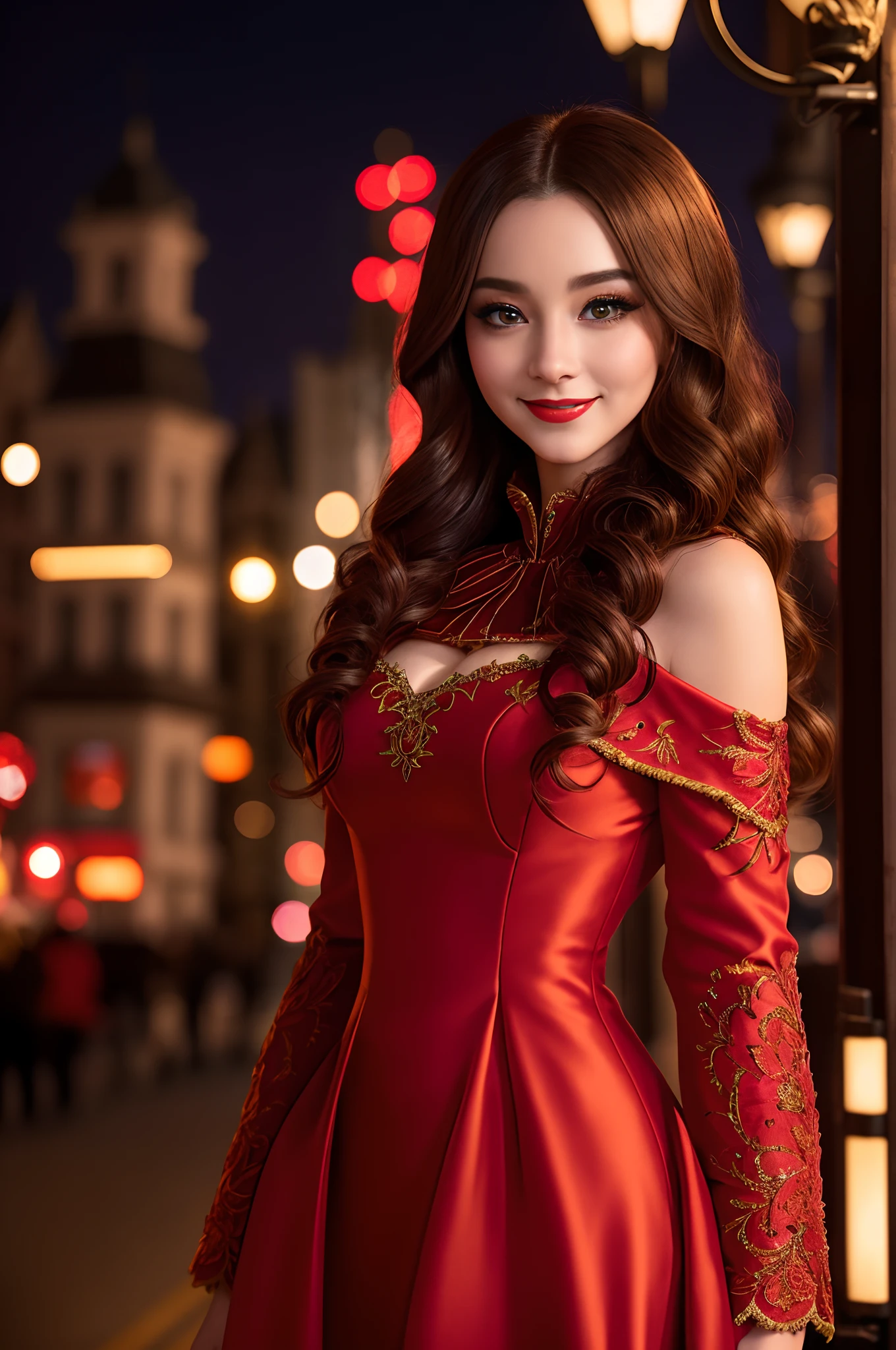 (English woman), (upper body), shows city lights, detailed face, leggy show, red long dress, fur jacket, scarlet hair, shining eyes, masterpiece, (smile), red lipstick, dark makeup, wink, top quality, (realistic, photorealistic: 1.5), (RAW photo: 1.5), highly detailed CG Unity 8k wallpaper, very delicate and beautiful, amazing, fine details, super detailed, highly detailed, bewitching woman, very detailed eyes and face, beautiful detailed eyes, movie lighting, standing on the street at night, highly detailed face,