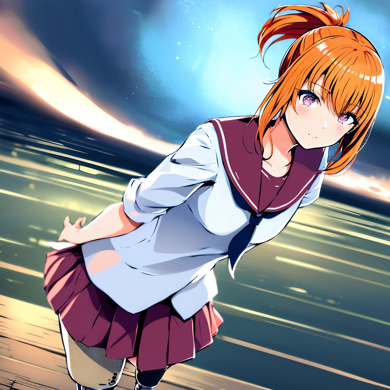 Cute ************ japaneese school girl with prosthetic legs, drawn in anime style, moe, futuristic, Y2K aesthetic, sci-fi, Maroon eyes, orange hair with ponytail, flat chested, sailor school uniform, hair clips, standing in high tech class room.