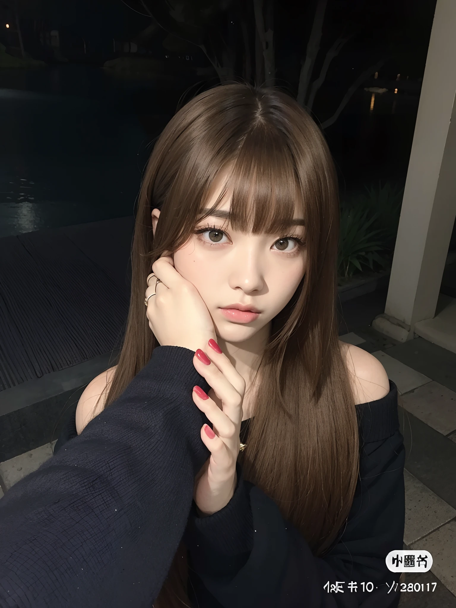 Arafed Asian woman with long brown hair and red fingernails, O corte Hime, Lalisa Manobal, cabelo comprido com franja completa, Chiho, cabelo arrumado com franja, cabelos longos com franja, Ulzzang, Lalisa Manoban do Blackpink, com franja, Yoshitomo Nara, cabelo longo castanho com franja