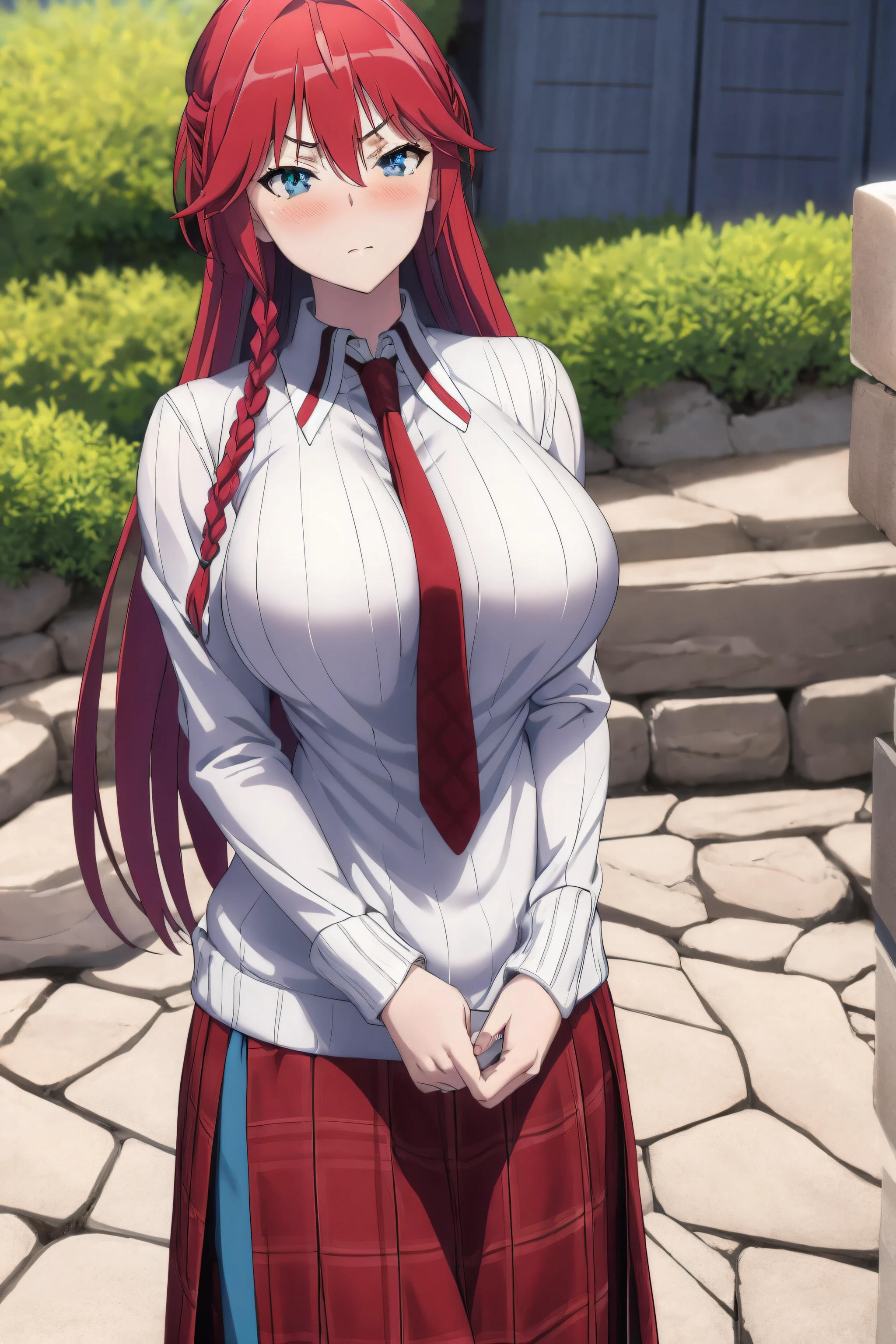 masterpiece, (best quality), 1woman,1girl ,lilith_asami, long hair, red hair, blue eyes , braid, side braid, long skirt, necktie, ribbed sweater, side slit, skirt, sweater, teacher, white sweater, large breasts,,sexy woman, adult, blush,angry, pov ,vibrant colors ,,natural lighting ,RTX, beautiful, (detailed face:1.2), showcase, (perfect eyes:1.1) ,(photorealistic:1.1), 8k uhd, looking at viewer, outdoors, simple backround,(beautiful_face:1.5),(perfect hands, perfect anatomy),