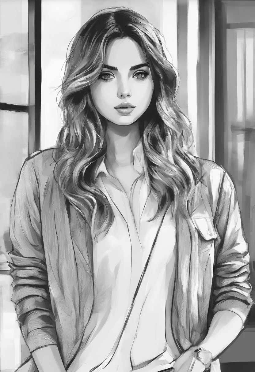 sketch artstyle, Ana de Armas in casual clothes, grayscale, monochrome, ((solo))