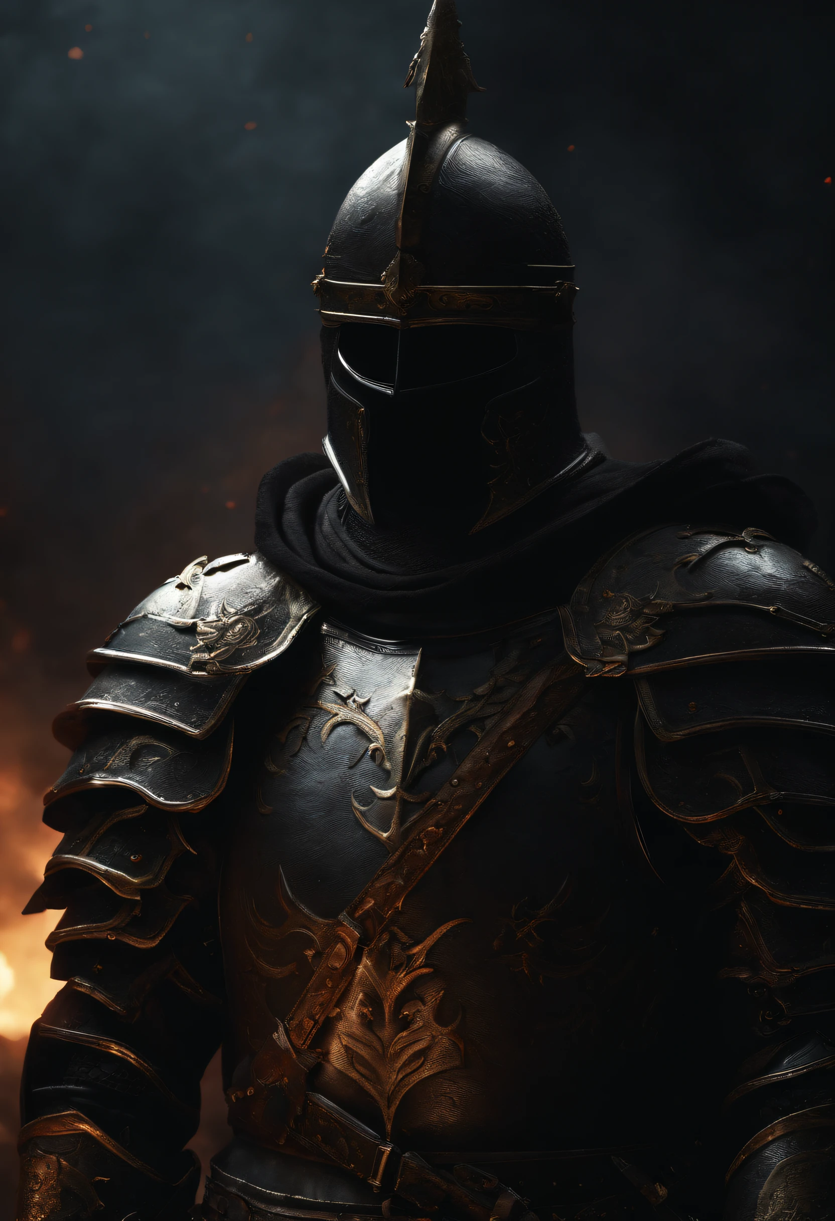 The black knight, strong male, not fat, ornate full plate armor, skull helmet, large pauldrons, dark horror, overlooking battlefield, large great sword, cinematic, fine details, 8k, (dark shot:0.7), Subsurface scattering, (ambient lighting:1.3), (ArtStation:1.3)
