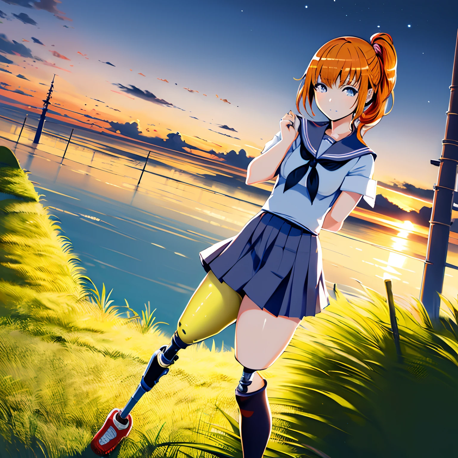 Cute 12 years old japaneese school girl with prosthetic legs, drawn in anime style, moe, futuristic, Y2K aesthetic, sci-fi, Maroon eyes, orange hair with ponytail, flat chested, sailor school uniform, hair clips, standing in high tech class room.