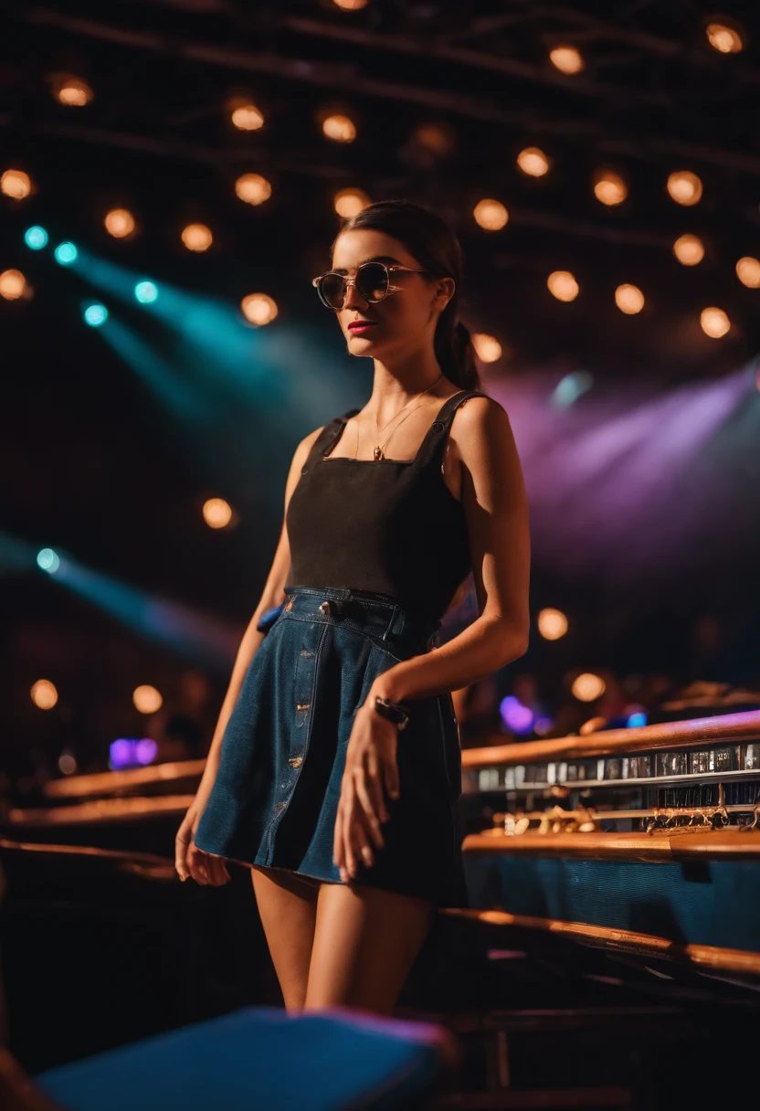 uma mulher jovem, em um palco fazendo show, estilo pixar realista
