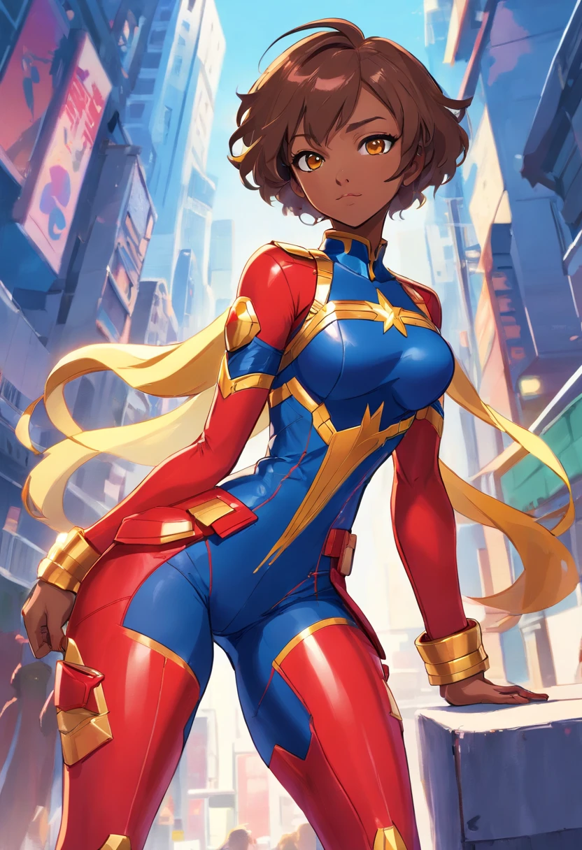 arte digital estilo desenho animado, Recursos da Pixar e Disney, Beautiful black woman, Marvel heroine, Rosto como modelo Esyonce, bonbon pele marrom, slanted Asian eyes, curly hair tied back, penteado rabo de cavalo, Wearing a blue Captain Marvel costume with red accents, com o logo dourado estampado no peito, seios cheios, cintura pequena, Multi-compartment tactical belt, coxas e panturrilhas grossas, bumbum grande, usando luvas de couro, Yellow long-legged tactical boots with high heels,  conceptart, Ambiente espacial, scientific fiction, camelo.