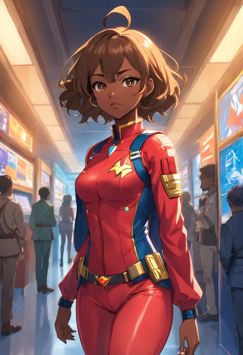 arte digital estilo desenho animado, Recursos da Pixar e Disney, Beautiful black woman, Marvel heroine, Rosto como modelo Esyonce, bonbon pele marrom, slanted Asian eyes, curly hair tied back, penteado rabo de cavalo, Wearing a blue Captain Marvel costume with red accents, com o logo dourado estampado no peito, seios cheios, cintura pequena, Multi-compartment tactical belt, coxas e panturrilhas grossas, bumbum grande, usando luvas de couro, Yellow long-legged tactical boots with high heels,  conceptart, Ambiente espacial, scientific fiction, camelo.