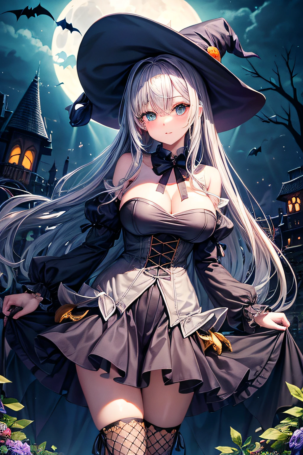 ((worst quality, low-quality)), ((Witch Girl)), Solo, ((Big breasts)), ((Long silver hair)), Hair over one eye, plump shiny lips, Beautiful clear eyes, Spoken Heart, ((witch's hat)), fishnet tights, embarrassed, Leaning forward, squash, Jack-o'-lantern, (Suspicious light, rays of moonlight:1.4), (( Background is Moon, Bats fly around)), high-angle shot, masutepiece,Best Quality,ultra-detailliert,