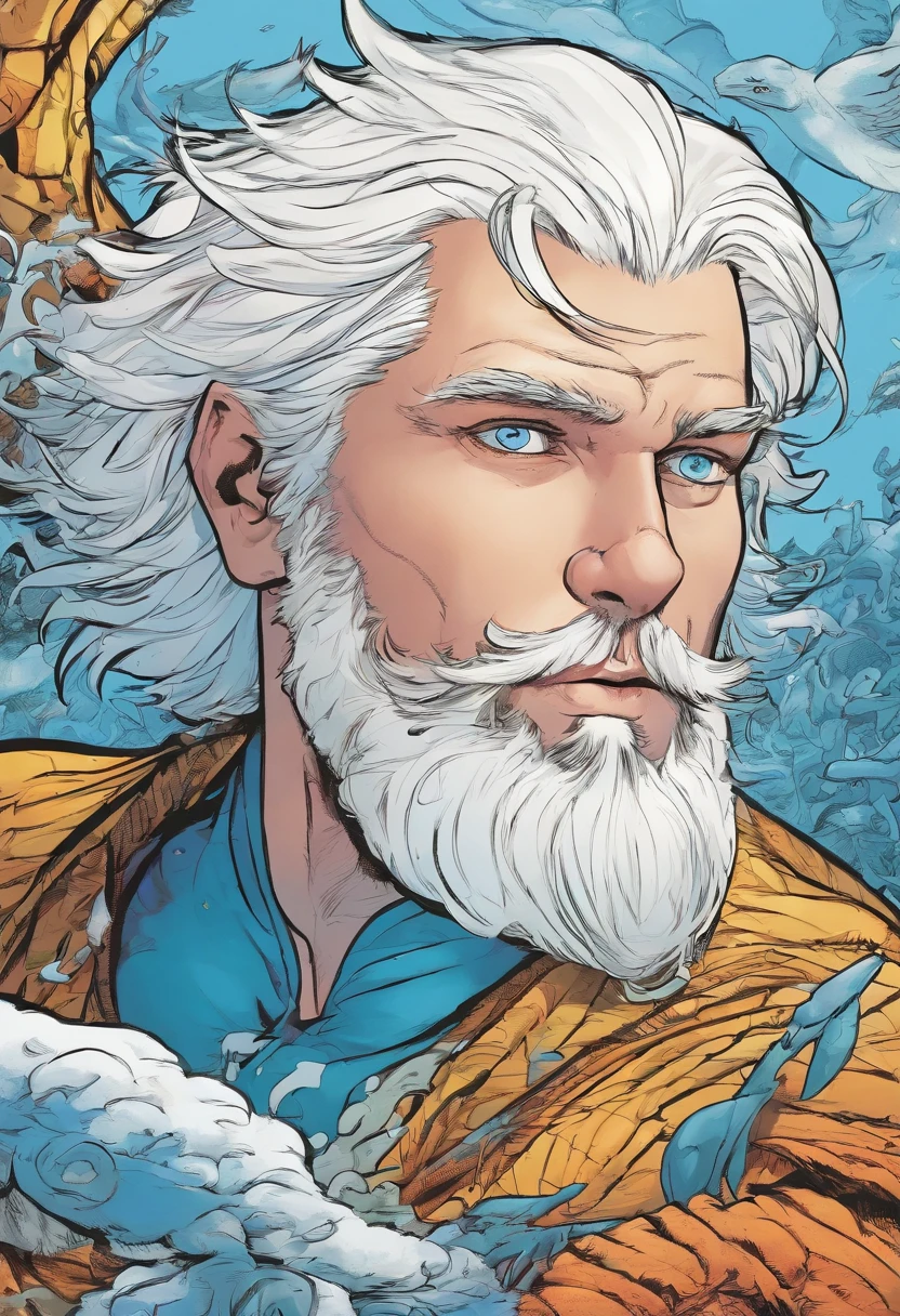 A man with blue eyes and white hair being turned into a baby