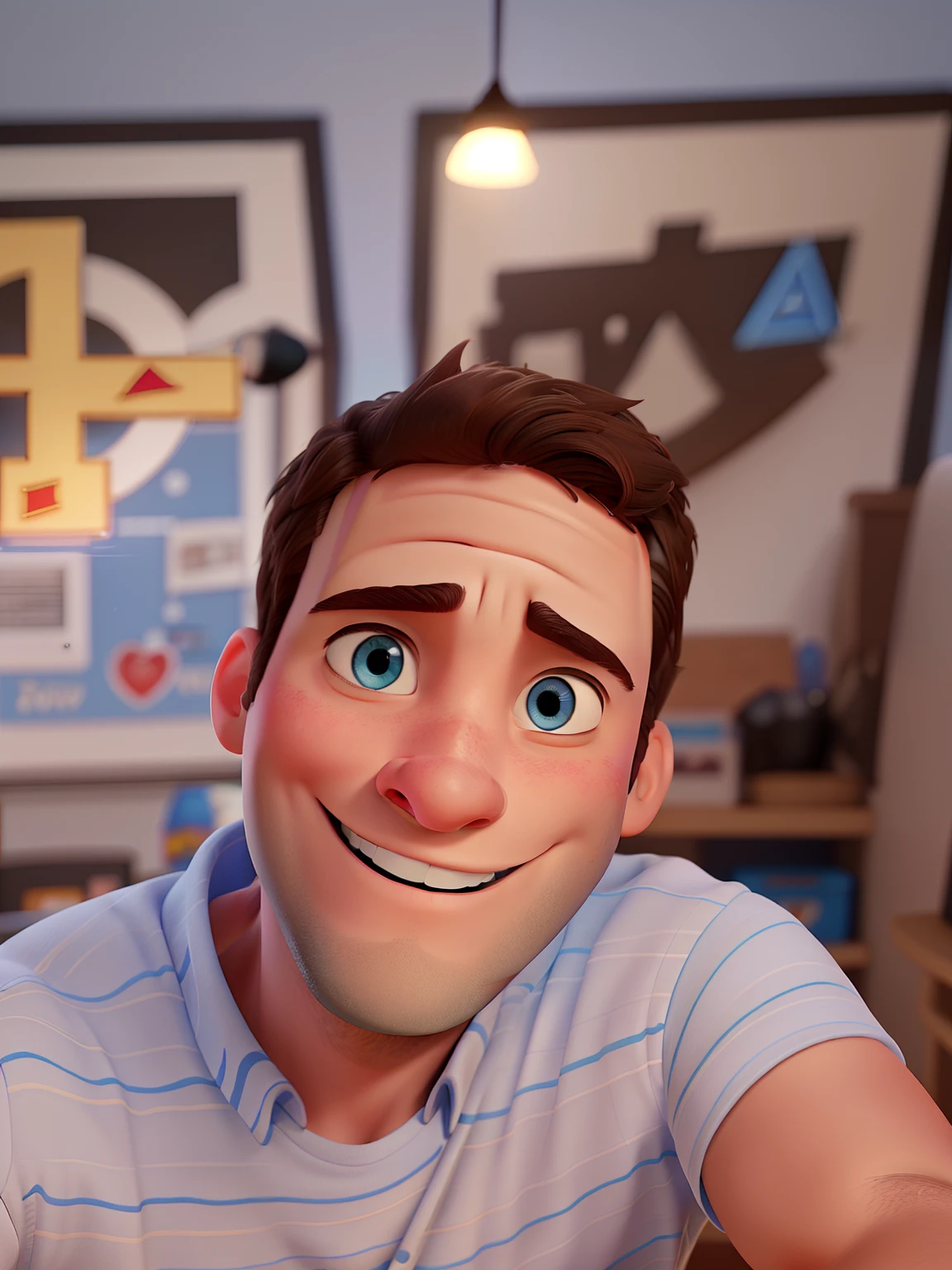 Pixar style, Disney, blue eyes, man, smiling, well-lit face, blurred and colored background, blue eyes, 35-year-old man, straight dark brown hair, white skin, cinematic lighting, Professional lighting, blurred and colored background