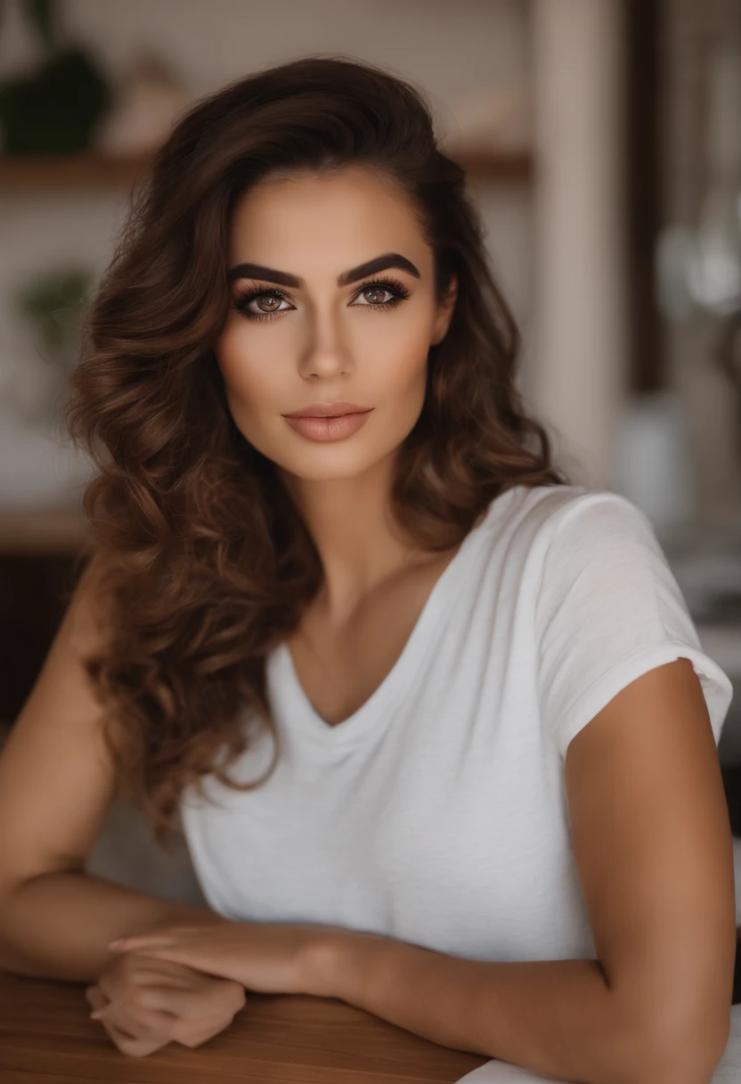 Mulher na camiseta branca , Menina sexy com olhos castanhos escuros, Retrato Latino, cabelos loiros e olhos grandes, selfie de uma jovem mulher, maquiagem natural, Look directly at the camera, Rosto com ArtGram, maquiagem, Excelente foto de close-up, Em um estudio com fundo infinito, 4k, Cabelos lisos, Olhos de Dubai, sem maquiagem, She's cooking with a nearby table full of Brazilian fruits