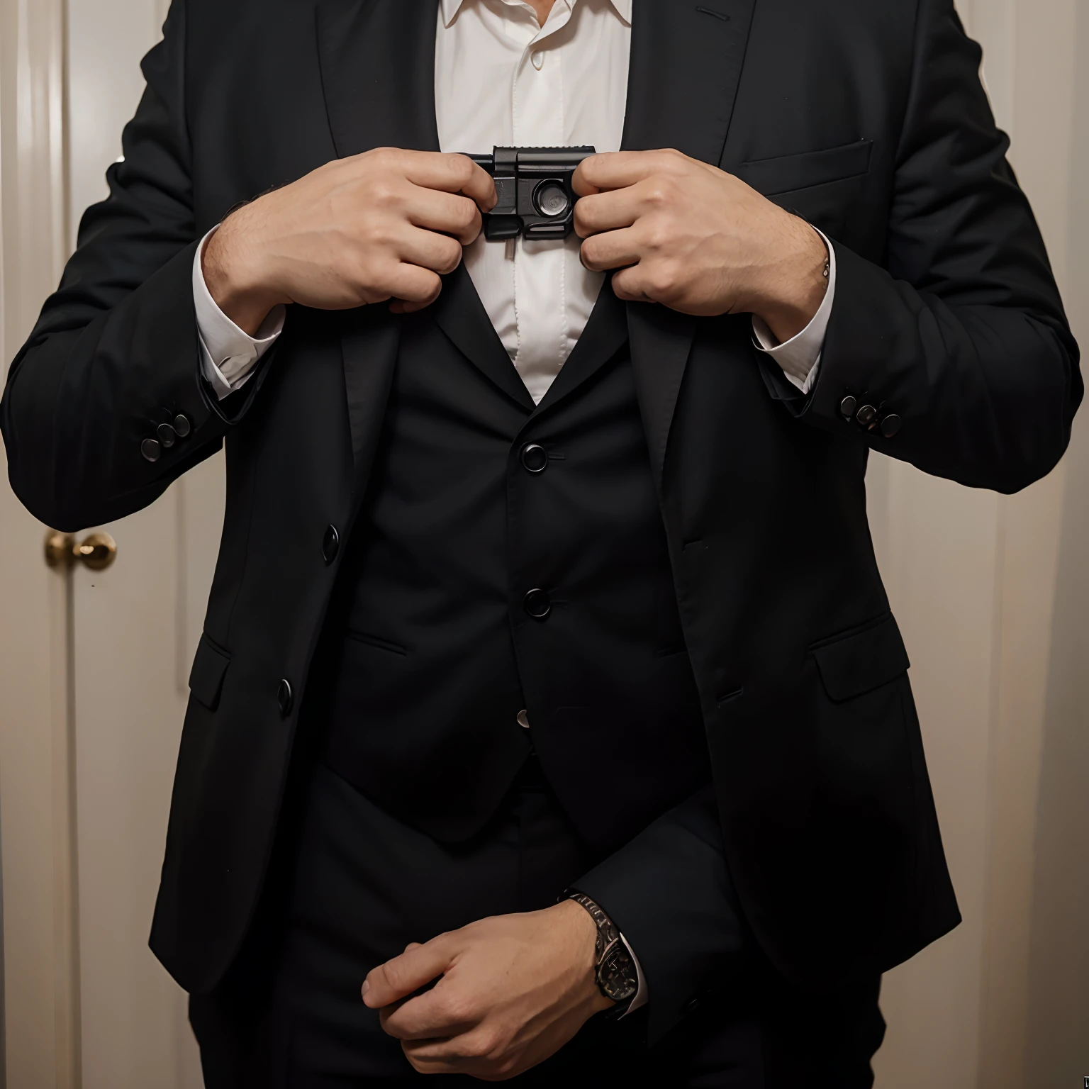 Crie uma imagem de um homem loiro de barba, Dressed in a black suit and two pistols in his hands