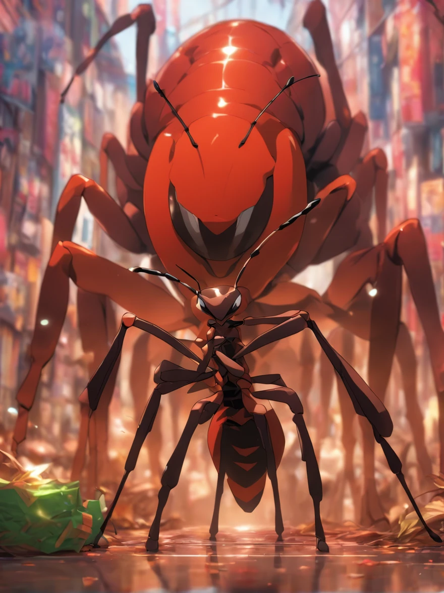 image, 8k, realistic, cinematography,"Describe a scene in which a giant ant with its entire body is standing still, with an angry expression on its face, the giant ant also dressed in a suit with colorful prints, holds a basket full of supplies."