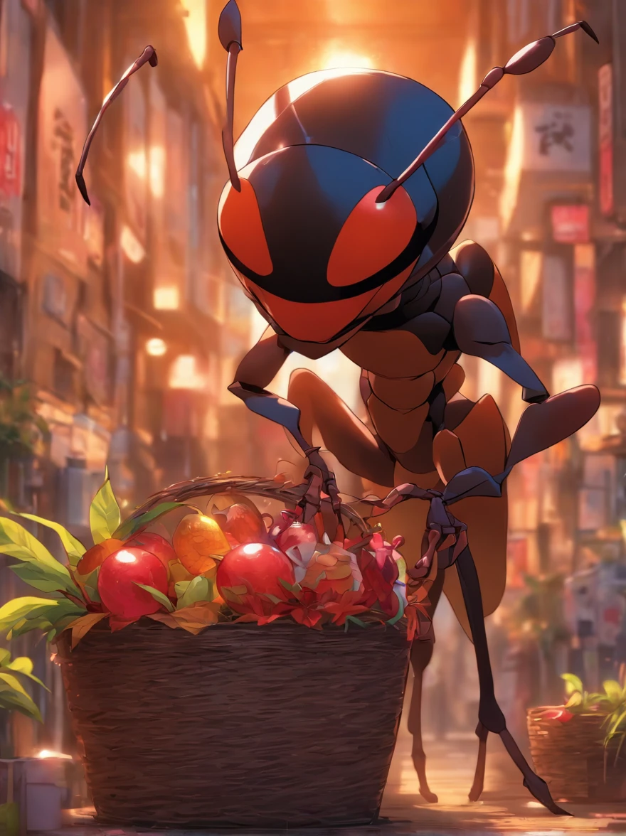 image, 8k, realistic, cinematography,"Describe a scene in which a giant ant with its entire body is standing still, with an angry expression on its face, the giant ant also dressed in a suit with colorful prints, holds a basket full of supplies."