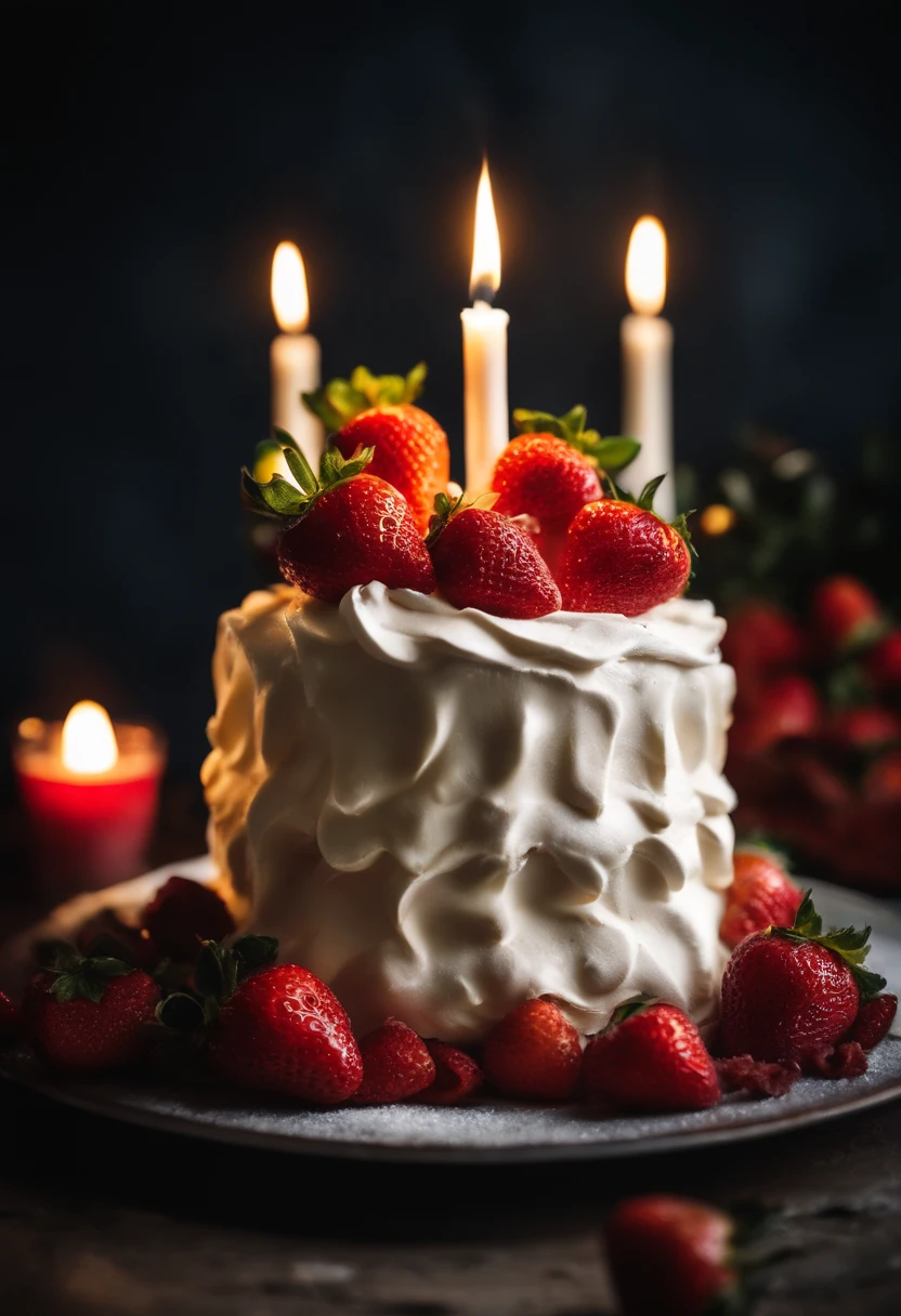 whipped cream and strawberries cake with candles