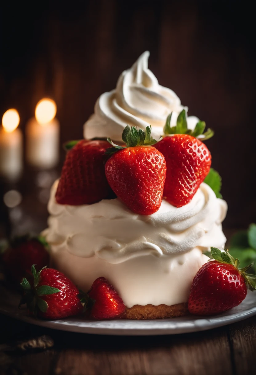 whipped cream and strawberries cake with candles