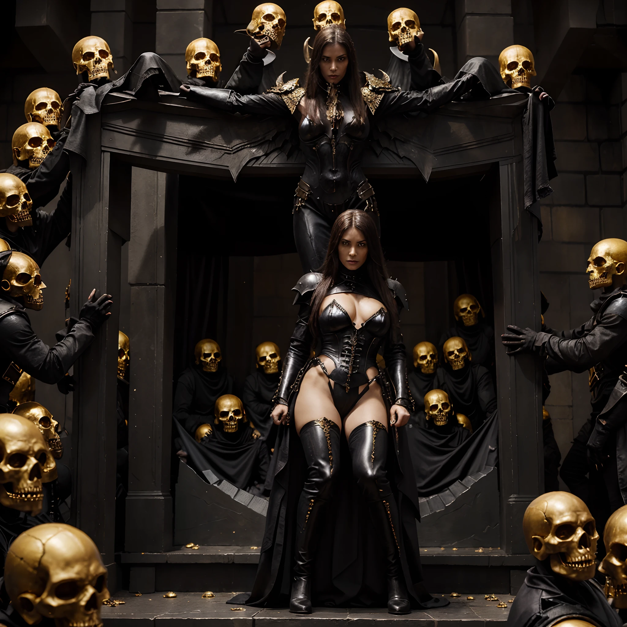 Demonic Archangel female who is ruler of the underworld stands on a throne made of golden skulls her Army of Undead thrall standing at her back ready to fight for her every Last Wish because she's seductive and rules over them with her with her Undead Beauty