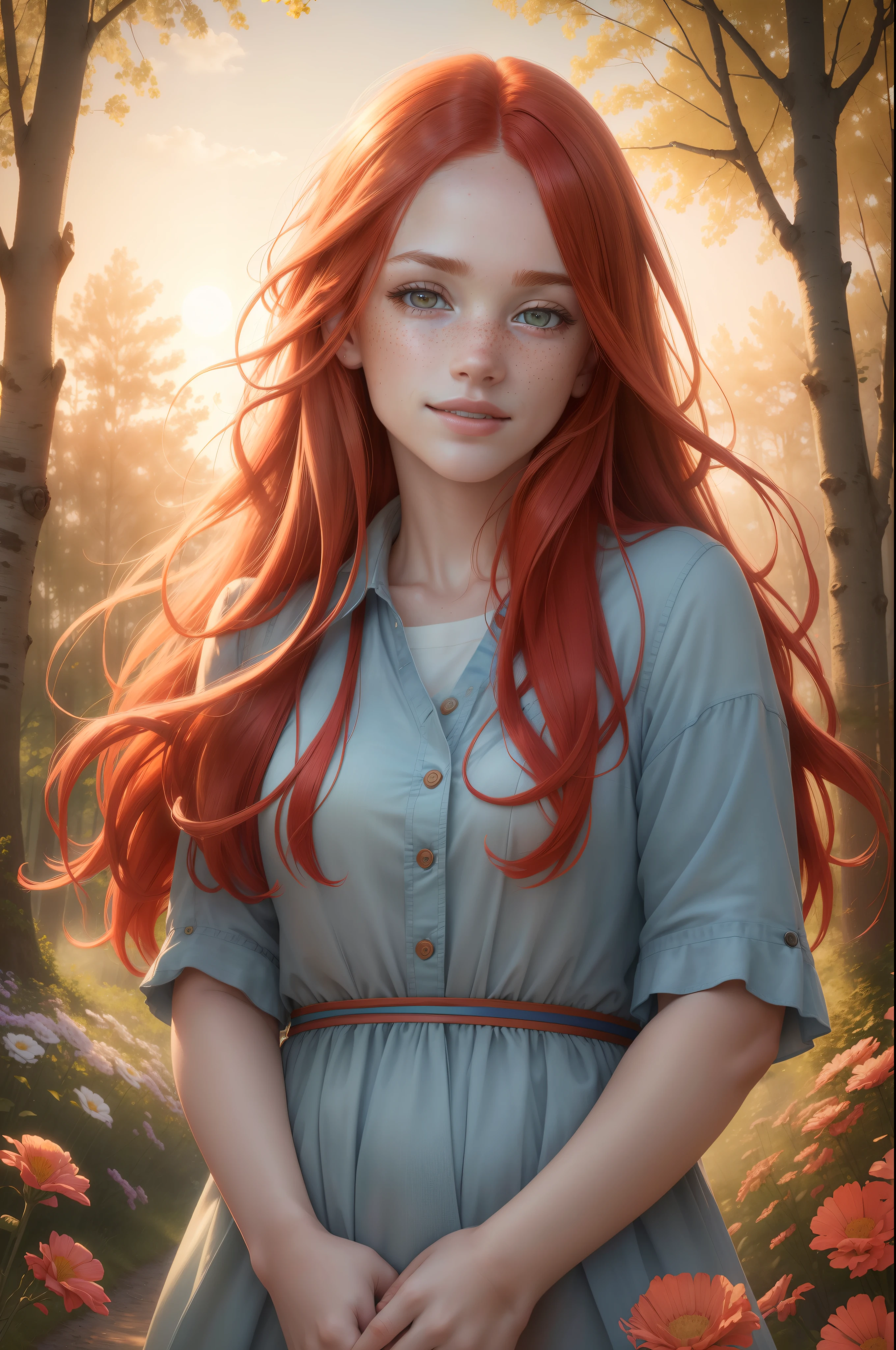 (best quality,8k,highres,masterpiece:1.2),ultra-detailed,(photorealistic:1.4) raw photo,1girl,red hair,portraits,vivid colors,sharp focus,natural lighting,freckles,rosy cheeks,intense gaze,long flowing hair,outdoor setting,soft breeze,ethereal atmosphere,sunlight streaming through the trees,flowers in the background,subtle smile,sunset hues