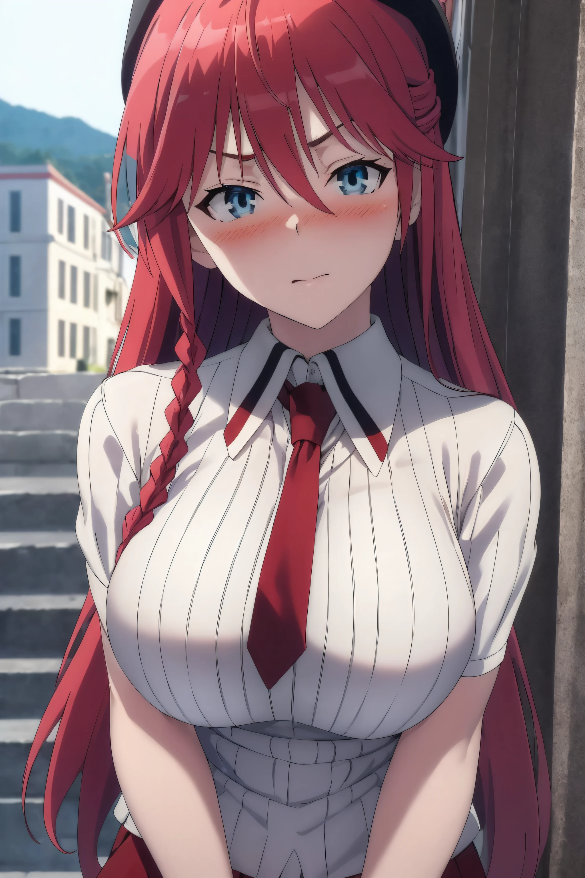 masterpiece, (best quality), 1woman,1girl ,lilith_asami, long hair, red hair, blue eyes , braid, side braid, long skirt, necktie, ribbed sweater, side slit, skirt, sweater, teacher, white sweater, large breasts,,sexy woman, adult, blush,angry, pov ,vibrant colors ,,natural lighting ,RTX, beautiful, (detailed face:1.2), showcase, (perfect eyes:1.1) ,(photorealistic:1.1), 8k uhd, looking at viewer, outdoors, simple backround,(beautiful_face:1.5),(perfect hands, perfect anatomy),