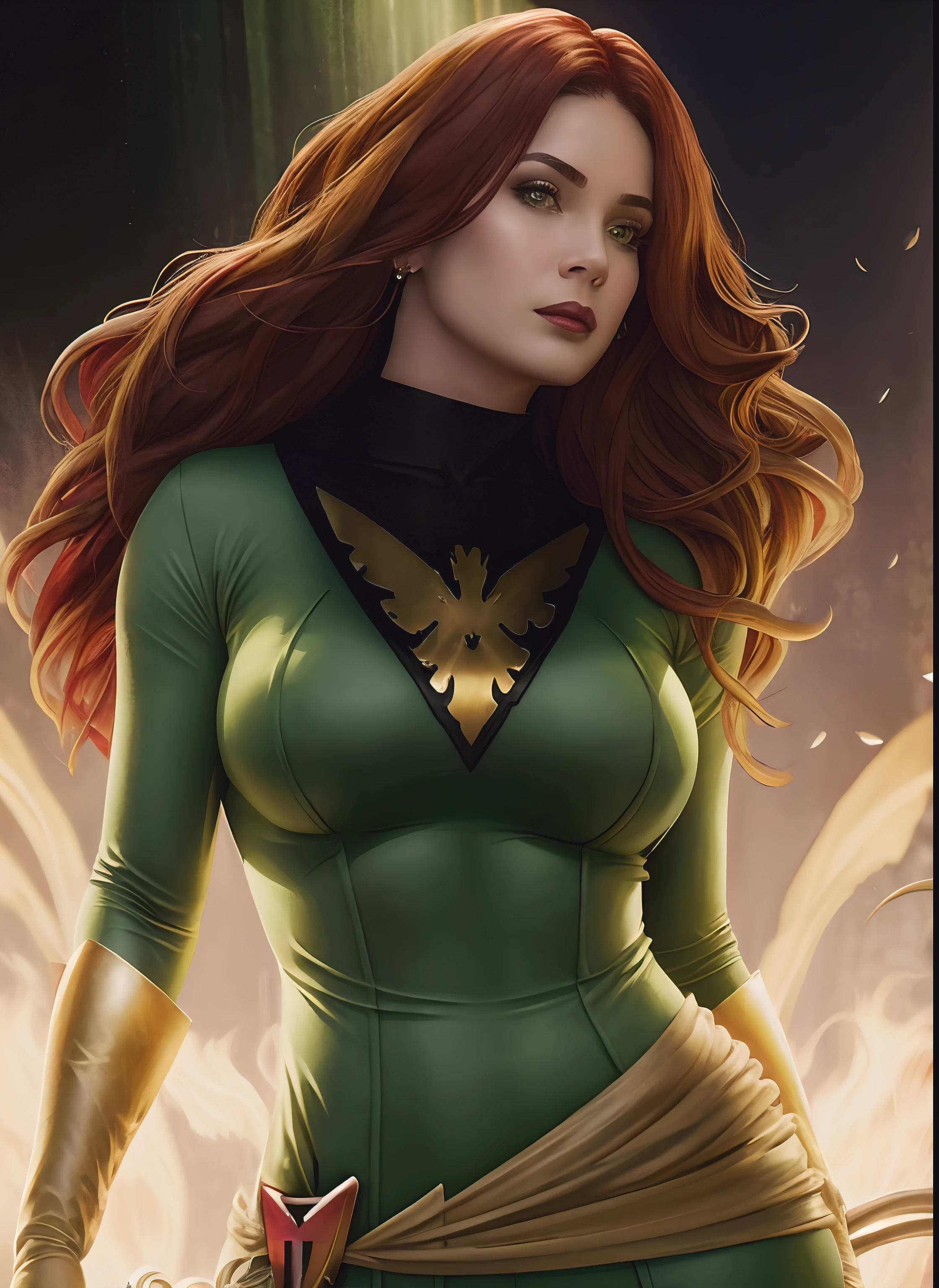 (melhor qualidade,4k,Altas), X-Men, Realistic,Mulher verde e dourada detalhada bonita posando para uma foto, jean cinza, retrato de corpo inteiro, a dark phoenix, Cabelos ruivos e olhos verdes, fundo da floresta, hiper-detalhado, cinto dourado