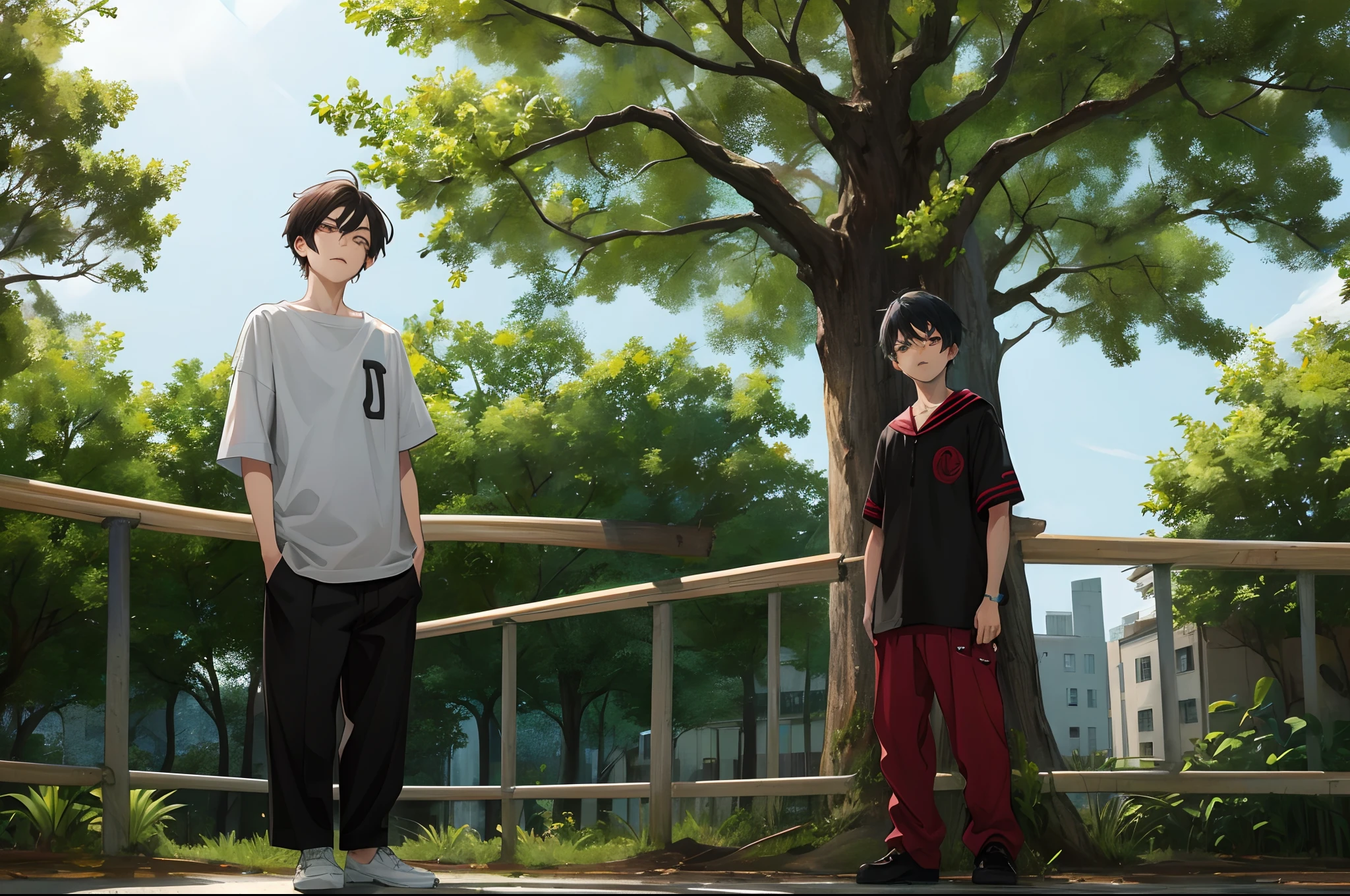 Create an anime-style scenario where we have a reddish black-eyed boy leaning against a tree that looks like it's old watching the children at the orphanage