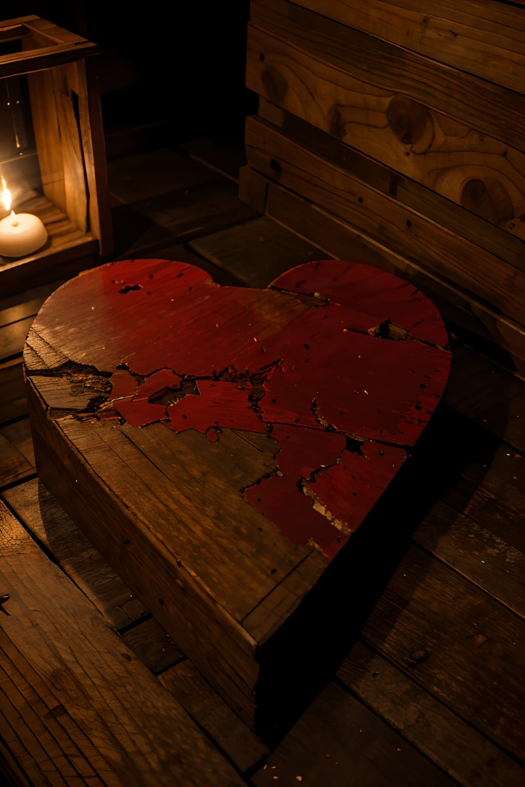 A bloody heart is buried under a broken wooden board with dim lighting on it