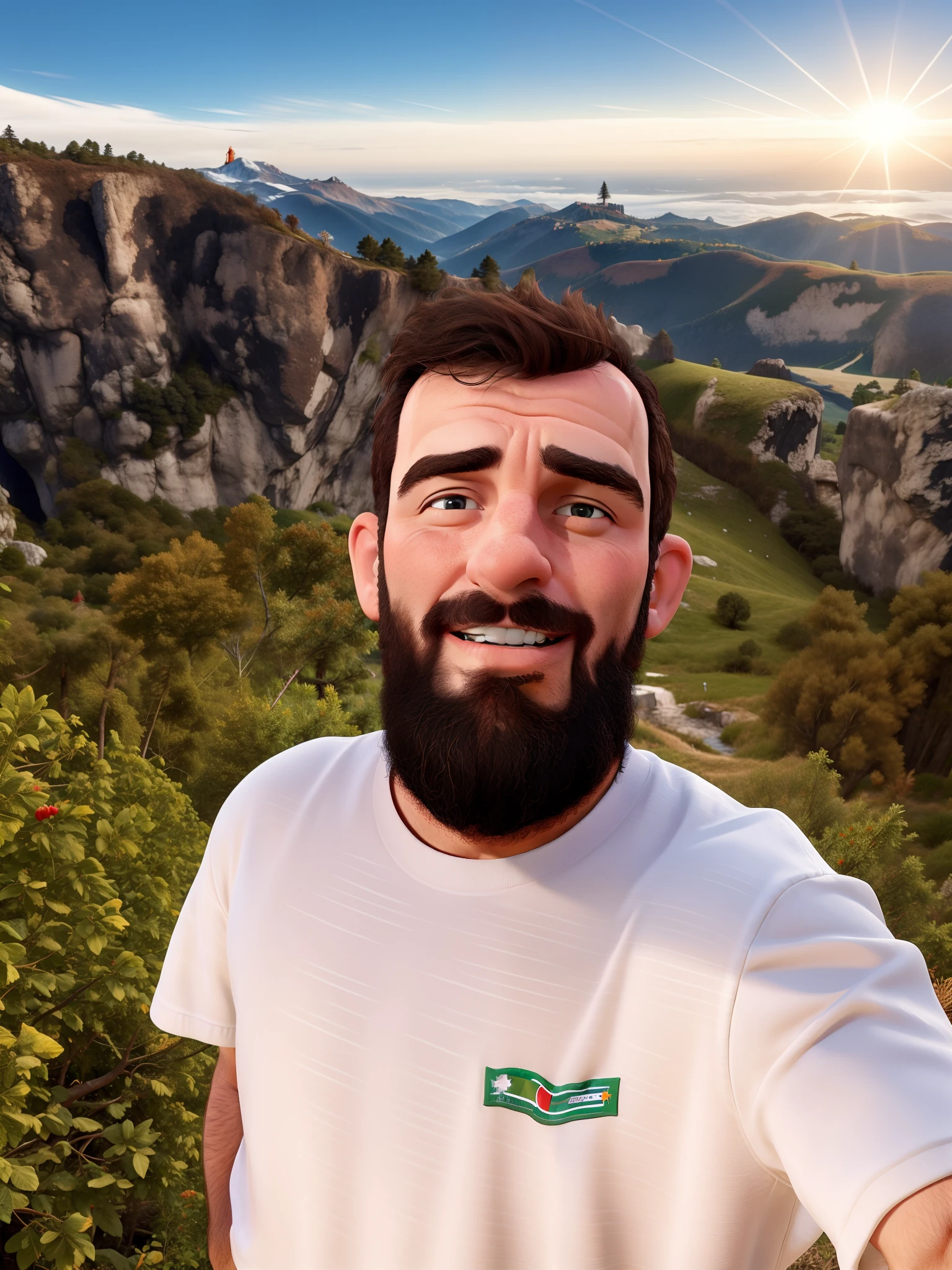 Homem na italia feliz com bandeira da italia ao fundo e montanhas com neve