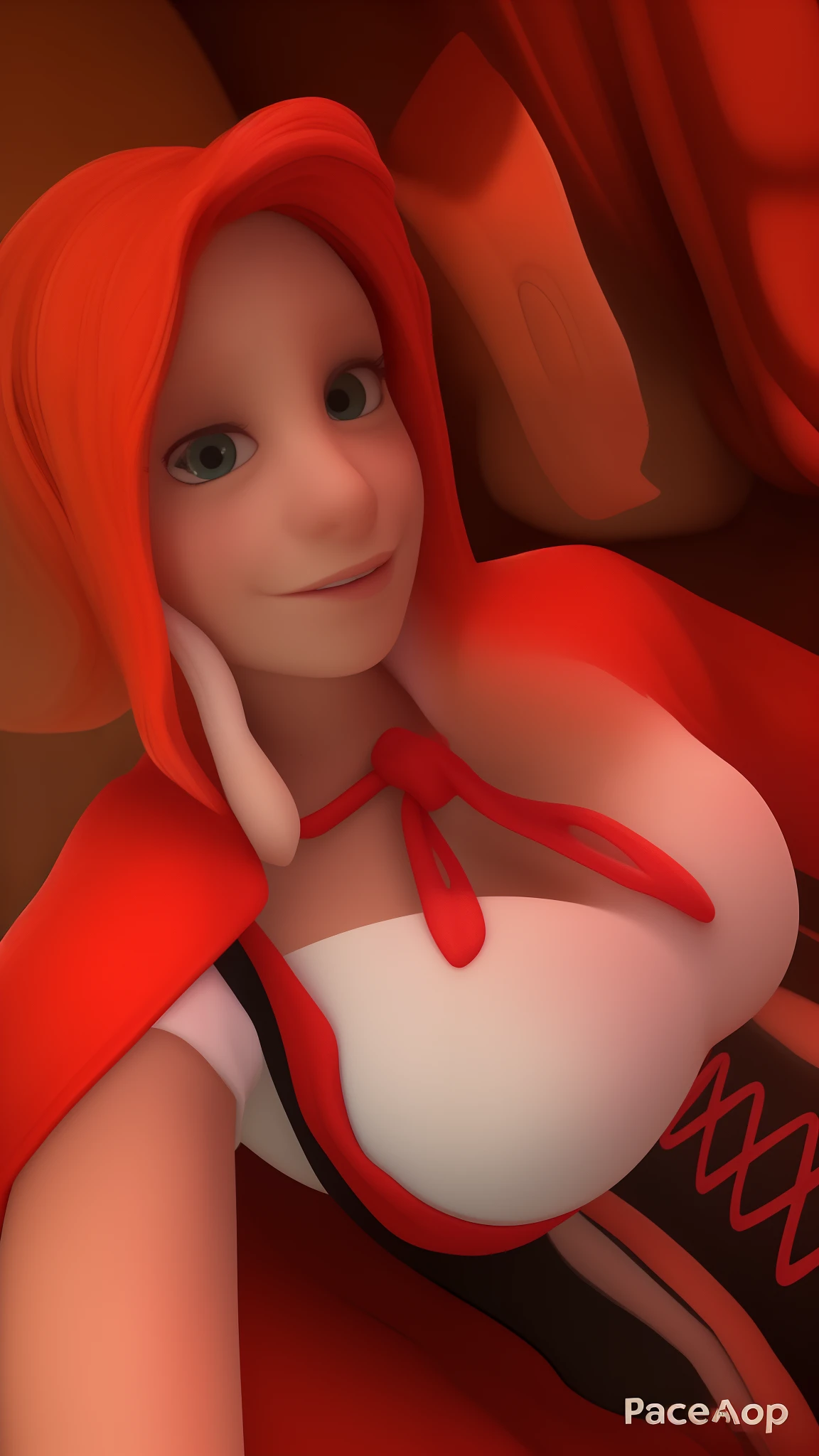 Mulher loira estilo pixar, olhos castanhos , fantasia chapeuzinho