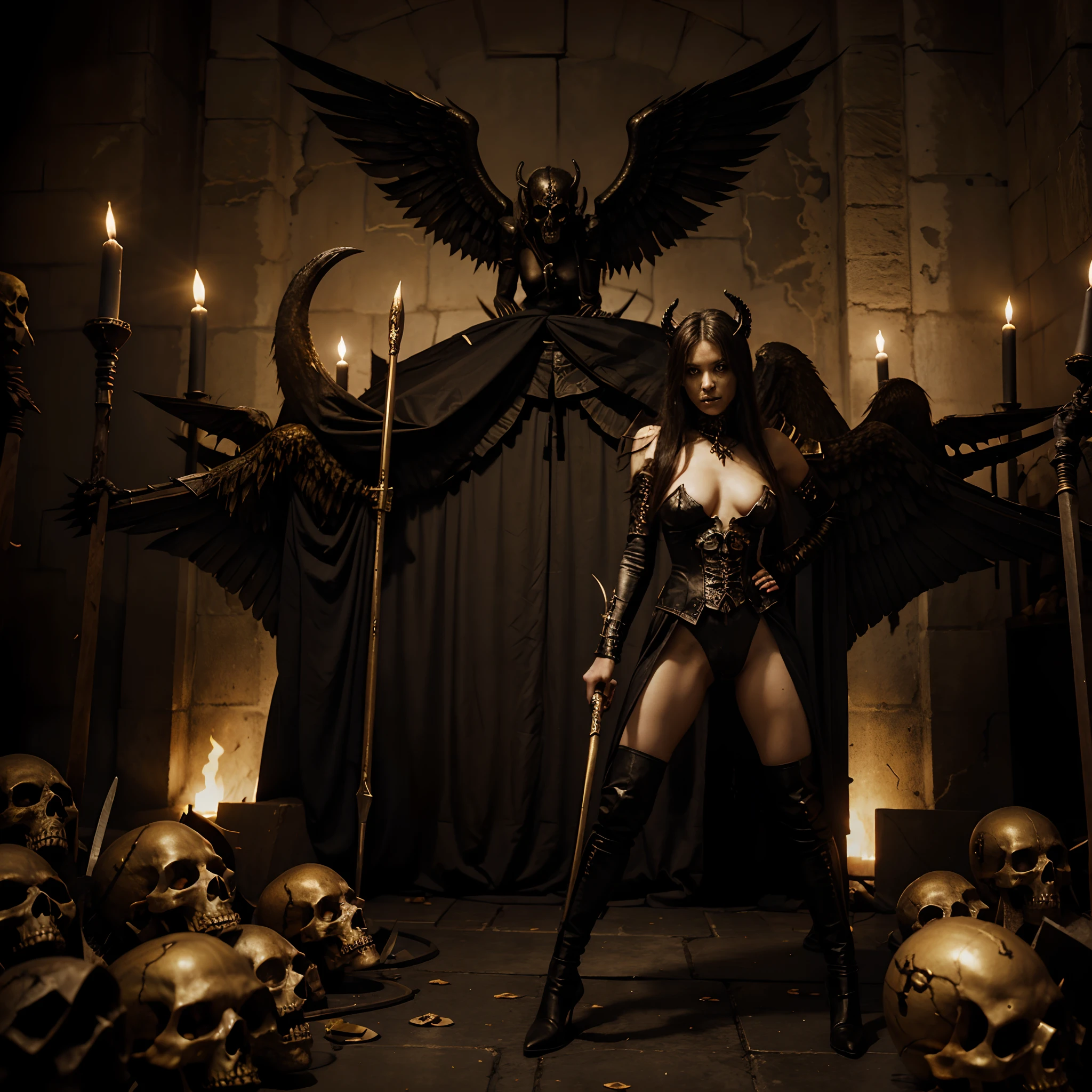 Demonic Archangel female who is ruler of the underworld stands on a throne made of golden skulls her Army of Undead thrall standing at her back ready to fight for her every Last Wish because she's seductive and rules over them with her with her Undead Beauty. Thorns slightly tilted forward long and sharp, staff of skulls and deadwood with a scythe on the end, wielding a soul skull that if you look into it's eyes it devours your soul