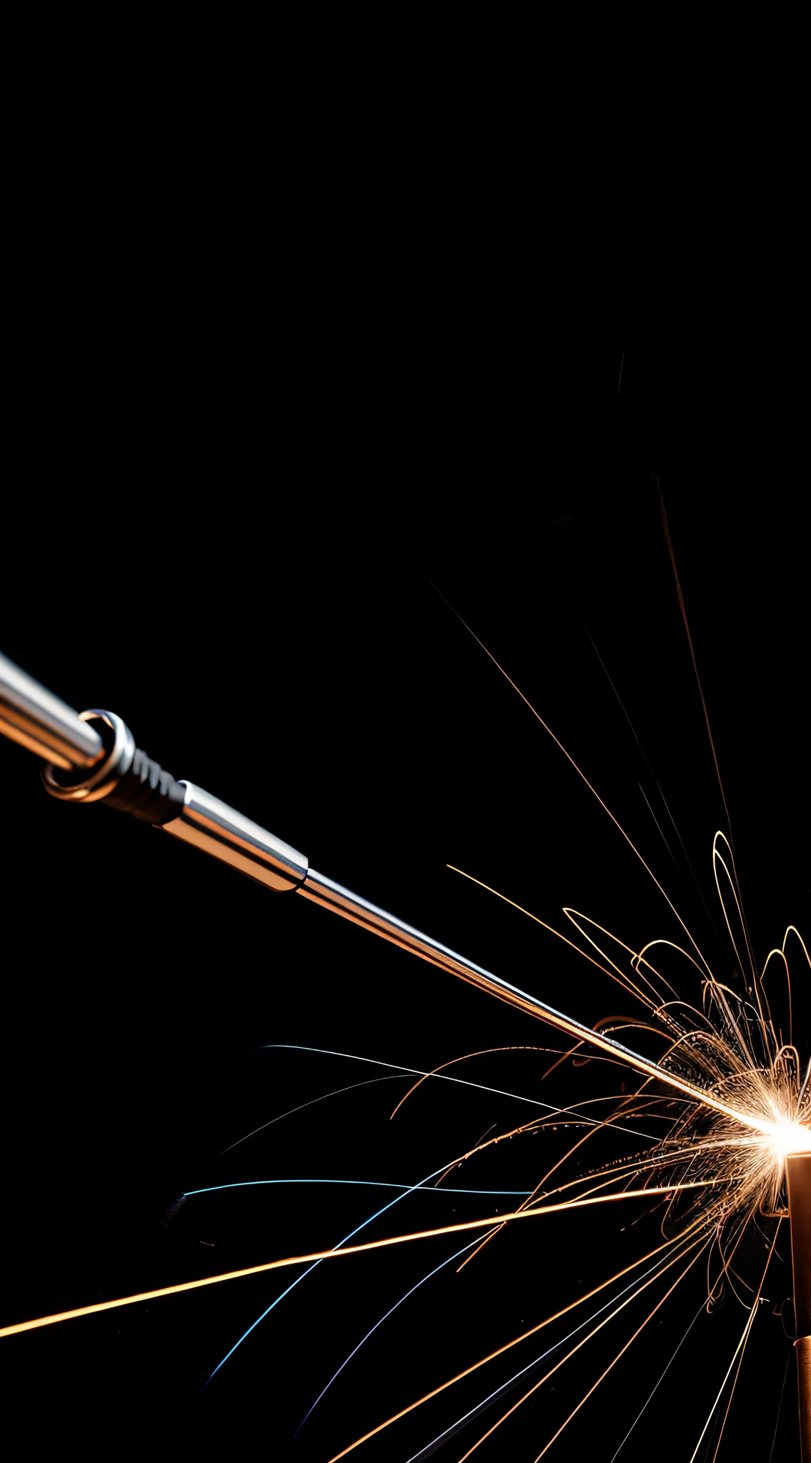 Electric metal whip, sparks, black handle, no people, black background