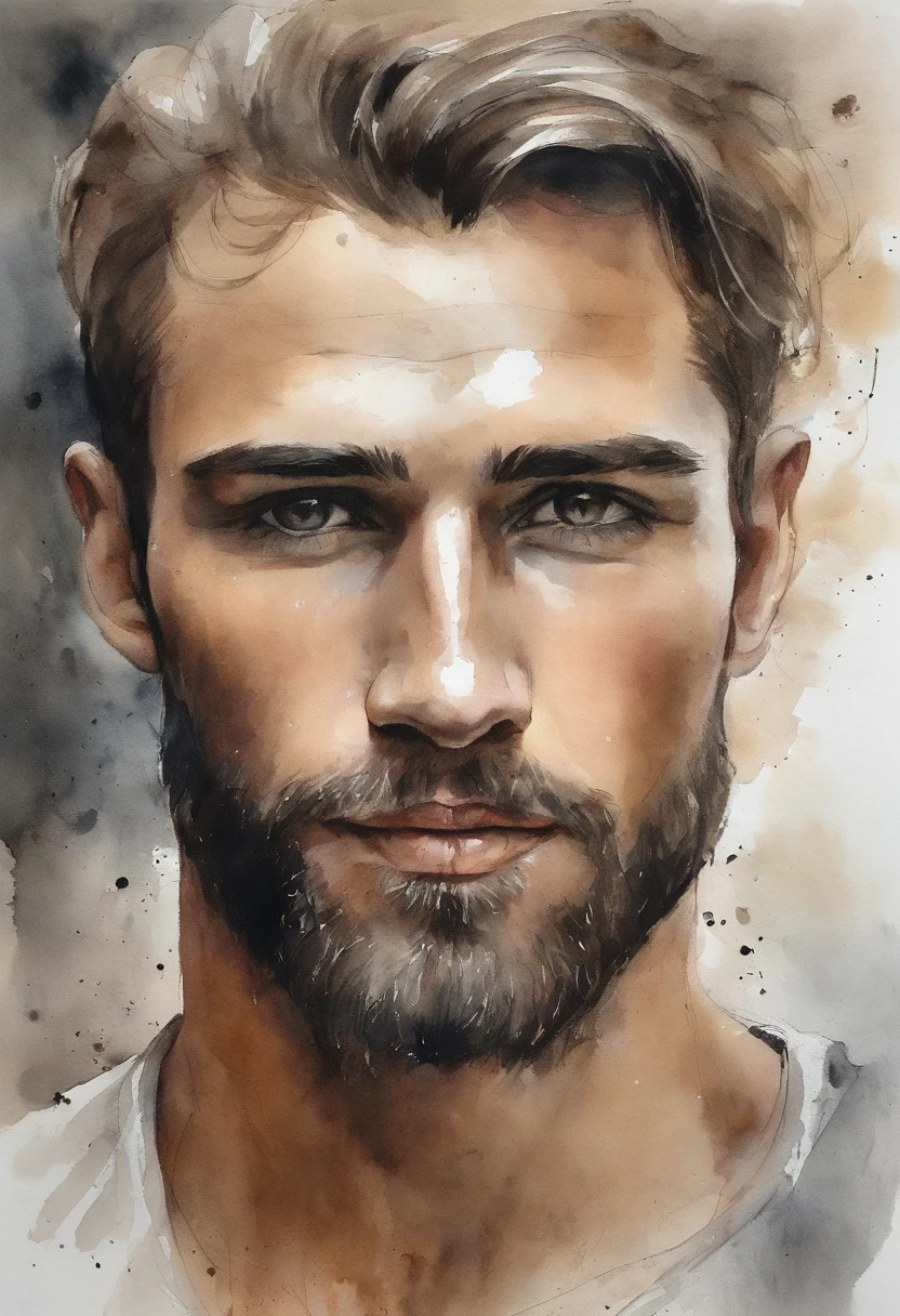 Pale skin and slender face. Ethnic Romanian with messy blonde hair and short beard. Vestindo um terno preto e camisa preta, with intense steaming almond eyes. Senso de poder e autoridade. A robust appearance. young man. olhos em camadas