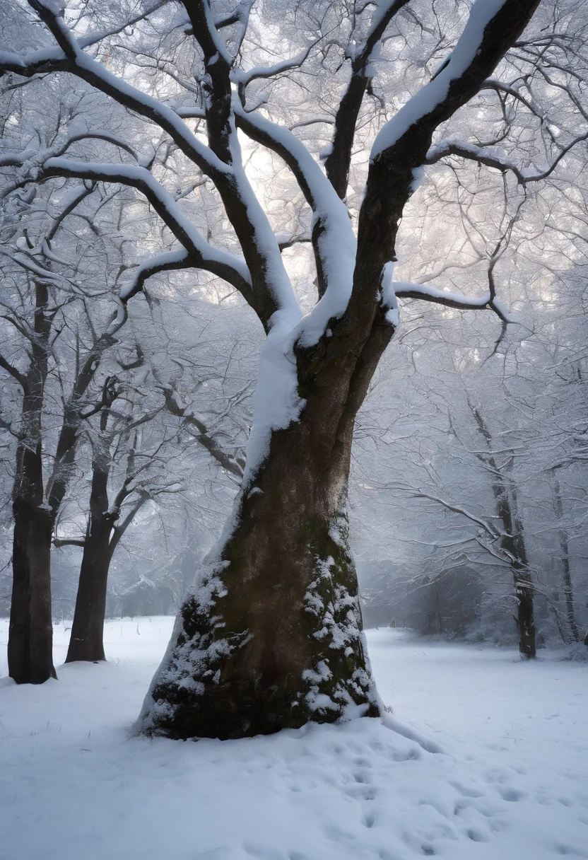 Create an anime-style backdrop where you're on a snow-covered patio, cercado por uma paisagem de inverno deslumbrante. An Ancient Tree, with gnarled branches and rough bark, It is in the center of the courtyard. The tree seems to have seen many seasons and witnessed many secrets. Its trunk is broad and aged, com rachaduras onde o tempo deixou sua marca.

On the branches of the tree, Delicate snowflakes dance softly in the icy wind, Giving an air of magic to the scene. The branches are partially covered with snow, As if the tree was adorned with sparkling diamonds.

Nos arredores, The orphanage stands tall in an architectural style that evokes the Victorian era, com janelas de vidro fosco que deixam escapar uma luz acolhedora. A estrutura de pedra do orfanato parece austera, mas ao mesmo tempo, a refuge for the children who live in it.

O pequeno protagonista, Damian Noir, It's leaning against the aged tree, seu terno preto destacando-se contra o branco da neve. Her gaze is fixed on the orphanage, Where a group of children run and laugh, building a snowman and playing in a joy he knows only from observation. A sad smile plays on your lips, for he feels separate from the innocence and joy that children experience.

The winter sun casts a soft, golden light over the scenery, creating a contrast between the children's joy and Damian's melancholy. The scene is a mixture of beauty and sadness, a reflection of Damian's lonely past and desire for something more.