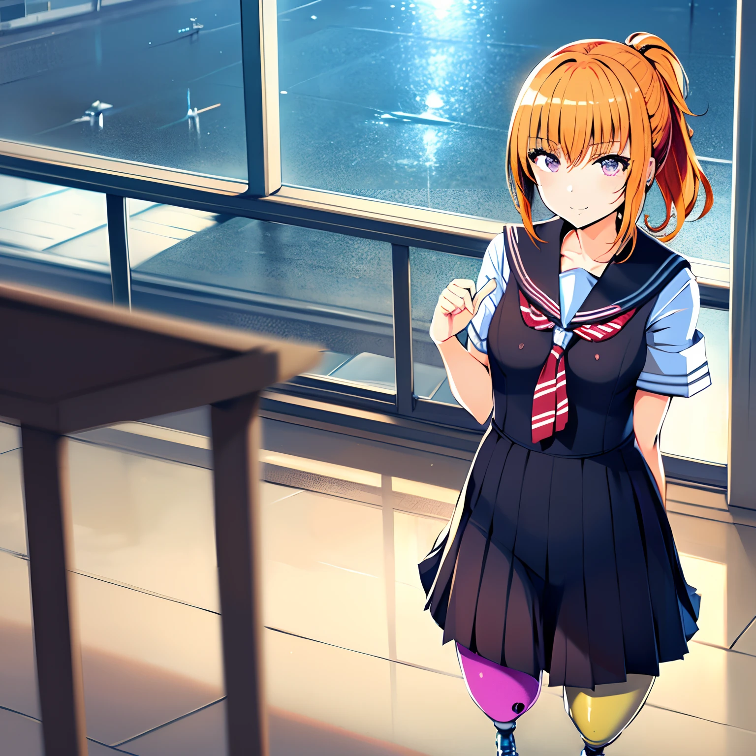 Cute 12 years old japaneese school girl with bionic legs, drawn in anime style, moe, futuristic, Y2K aesthetic, sci-fi, Maroon eyes, orange hair with ponytail, flat chested, sailor school uniform, hair clips, standing in high tech class room.