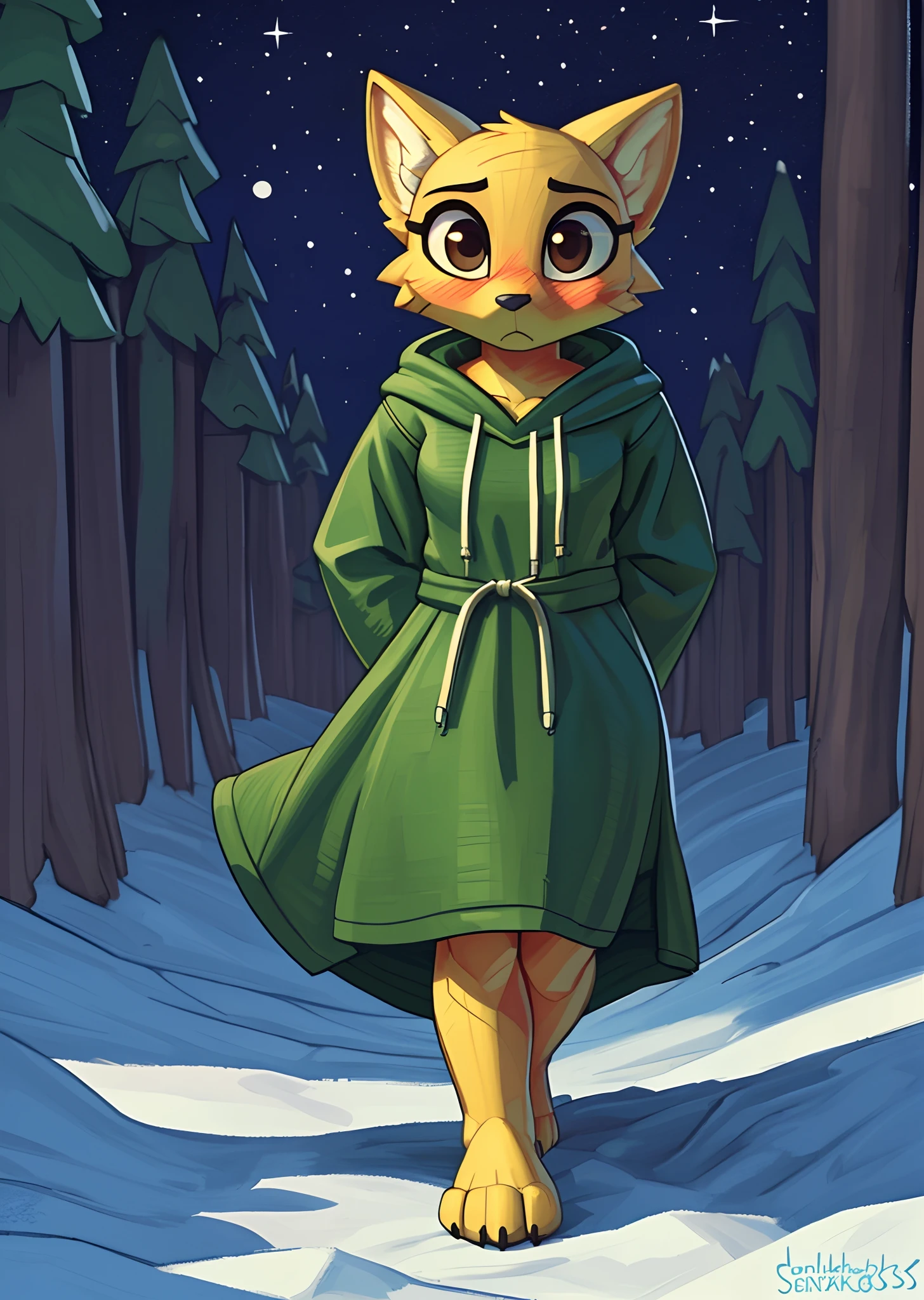 [katia managan], [Uploaded to e621.net; (Pixelsketcher), (wamudraws)], [(Uploaded to twitter.com); (@senip)], ((masterpiece)), ((HD)), ((solo portrait)), ((full body)), ((front view)), ((furry; anthro)), ((detailed fur)), ((detailed shading)), ((beautiful render art)), {anthro; yellow fur, black nose, (long yellow cat tail), (cute dark brown eyes), (blushing), (surprised)}, {(green long sleeve hooded robe), (brown hood), (long dress), (beautiful feet), (black claws)}, {(walking), (arms behind back), (looking at viewer)}, [background; (woods), (spruce trees), (starry sky), (ambient lighting)}