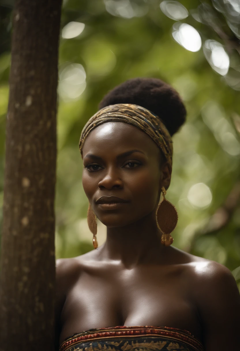 Photorealistic photograph of an African woman with gigantic breasts weighing 200 kg of muscles with highly sculpted abs, hombros grandes y piernas muy musculosas, naked with lots of pubic hairs and sovacos like an indigenous woman while picking a tree in the Congo jungle on a gorgeous sunny day.