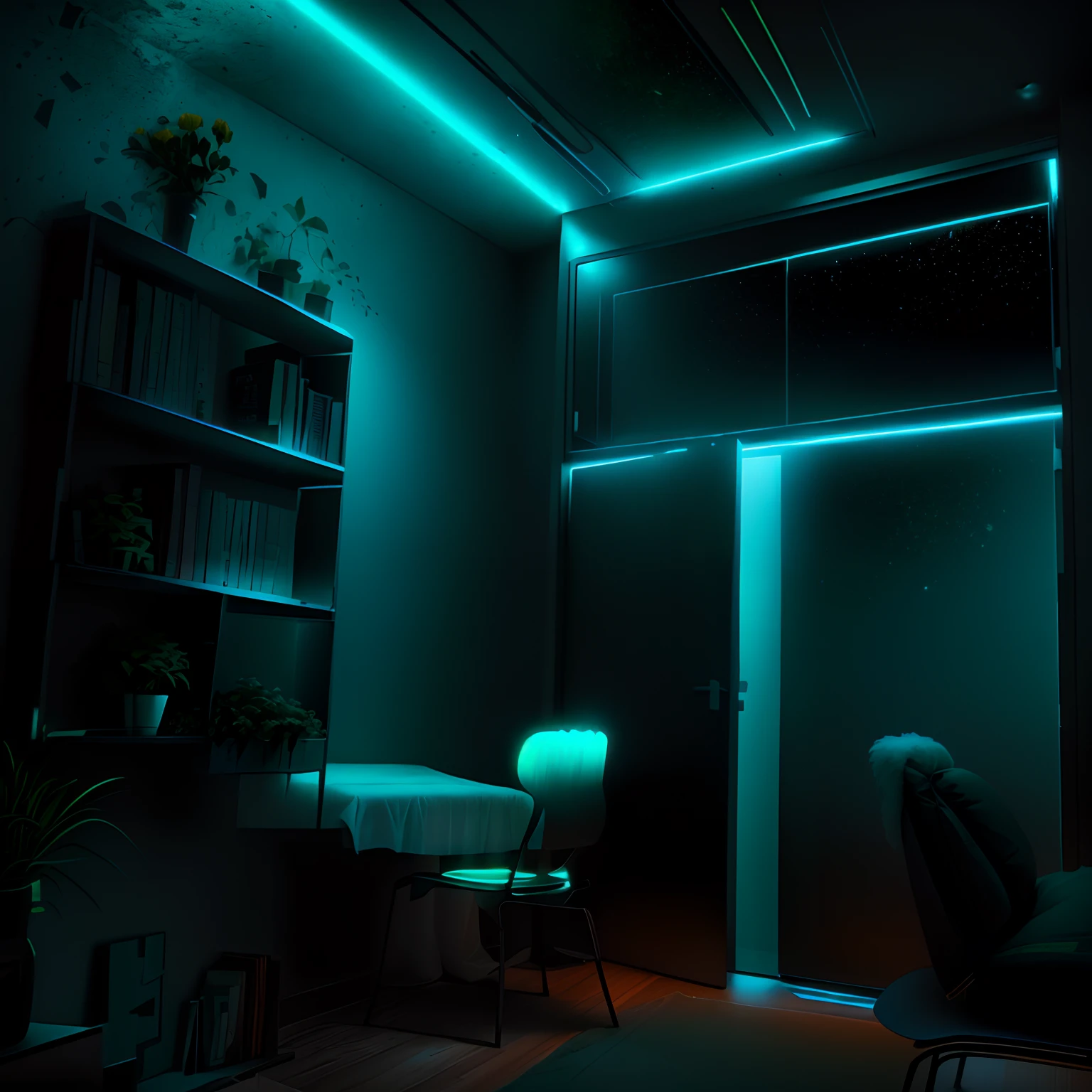 Wall color dark , Use neon lights and hidden lights, based on interstellar movie also use green flowers on the bookshelf