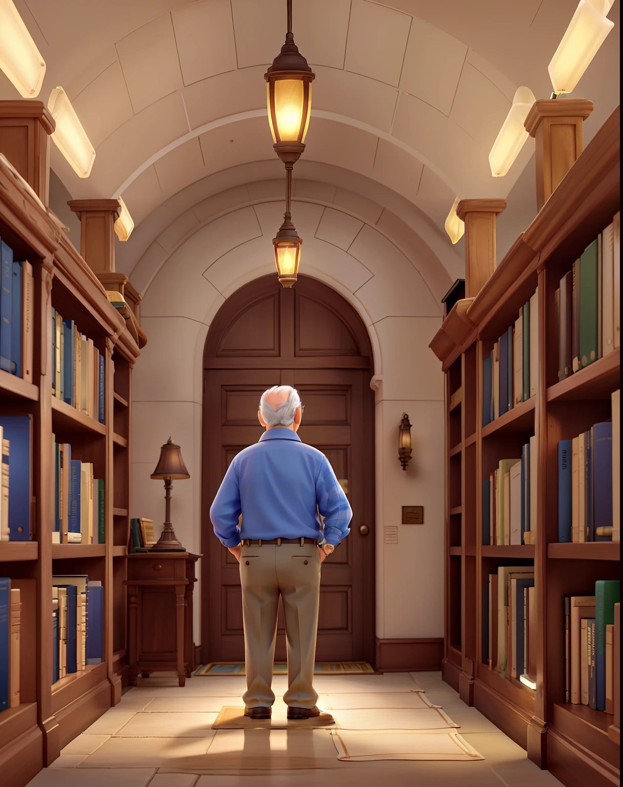 A wise old man standing in front, illuminated by the light of a lamp, against the backdrop of a library