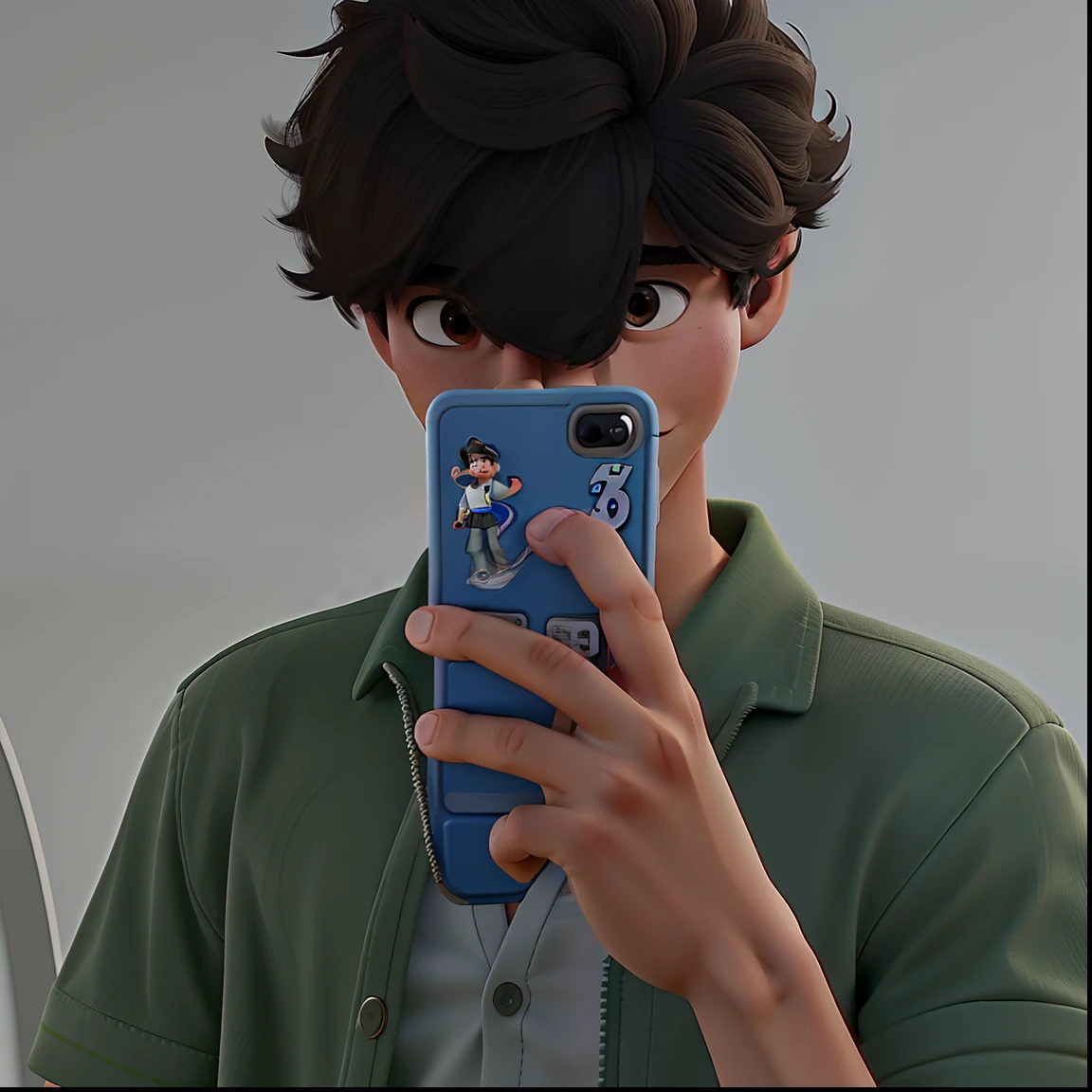 Um jovem garoto segurando um celular estilo Disney Studio,