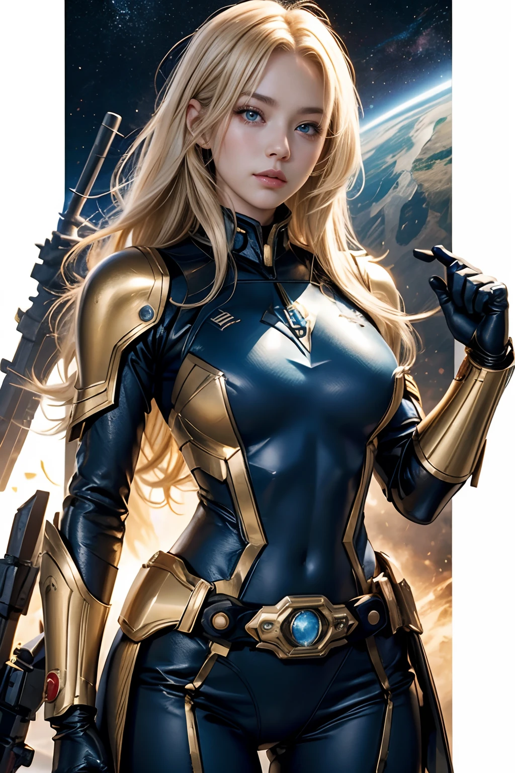 One Beautiful Woman。Blonde blue-eyed。Her hair is growing down to her shoulders.。She wears a combat uniform that fits snugly to her golden body。He has a Kamen Rider transformation belt around his waist。Huge space battleship in the background。8K image quality。