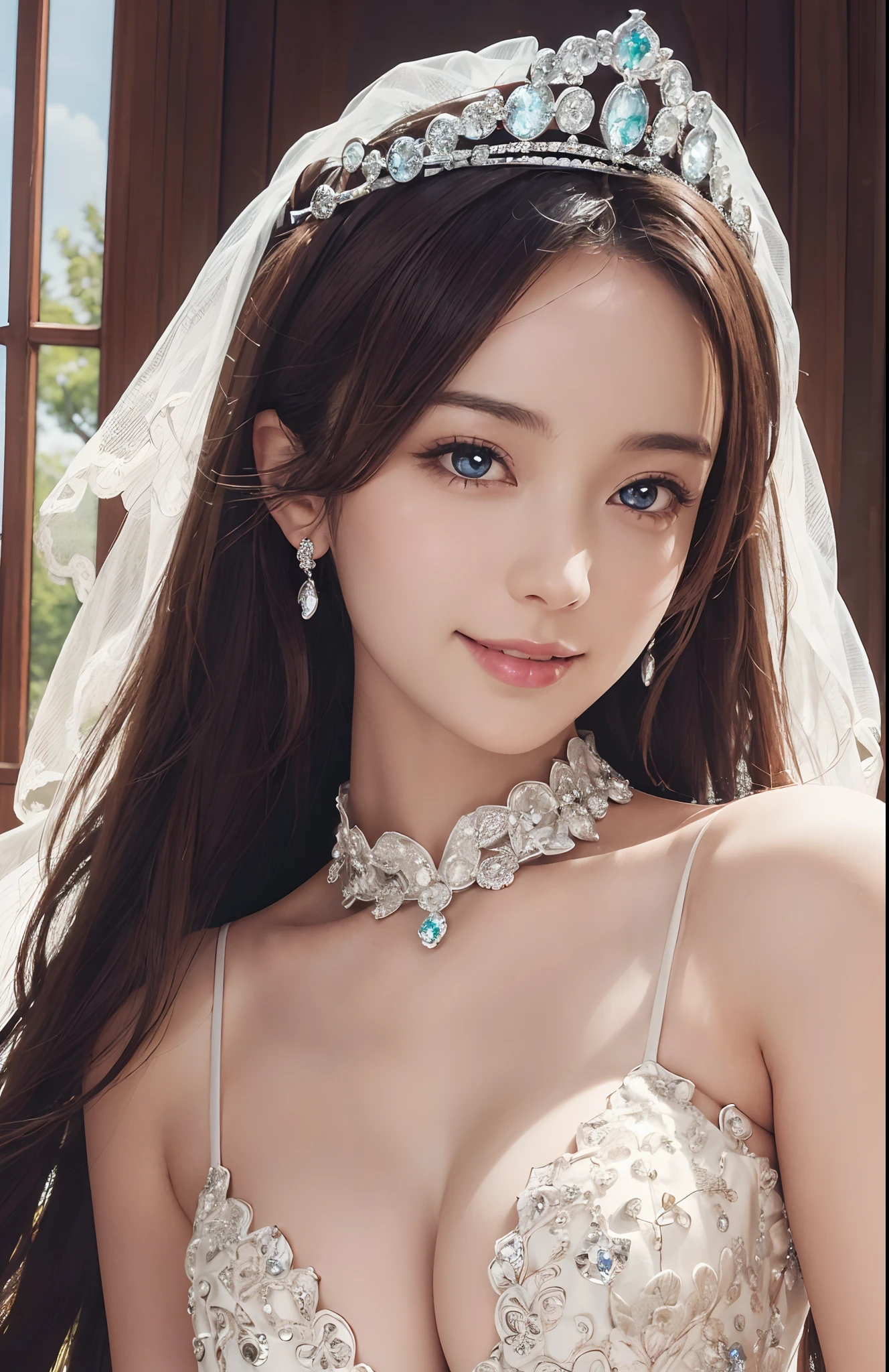 (Best Quality,8K,hight resolution,masutepiece:1.2),(Illustration),(Ultra-detailed),(Realistic:1.37),(Beautiful detailed eyes),(Solo),(Full body),(1girl in),(Wearing a wedding dress that is beautiful and meticulous in detail),(Sparkling Accessories),(Looking at the viewer),(Extremely detailed),(Detailed face),(pureerosfaceace_v1),(Smiling),(Wearing a diamond tiara),(Make your dress colorful)、