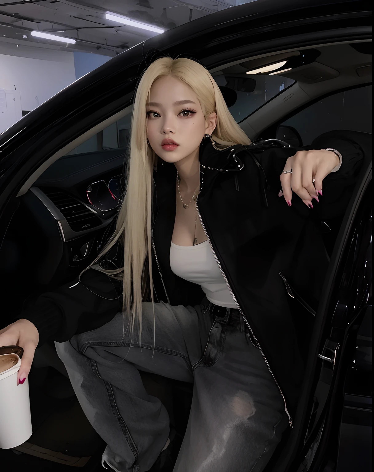 Blonde woman sitting in a car with a cup of coffee, Retrato de Jossi de Blackpink, Parque Roseanne do Blackpink, sentada em seu carro, cruel korean goth girl, com longos cabelos brancos, com cabelos longos brancos, jossi do blackpink, wearing jeans and a black hoodie, Ulzzang, com longos cabelos loiros, jennie blackpink, she is wearing streetwear