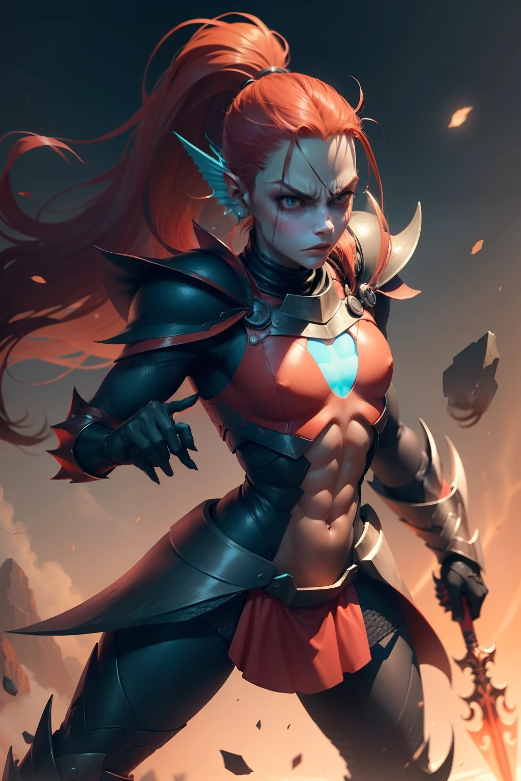 (irritado,Pose de combate, spear in hand, corpo inteiro, foco no rosto), Realistic, Undyne de Undertale