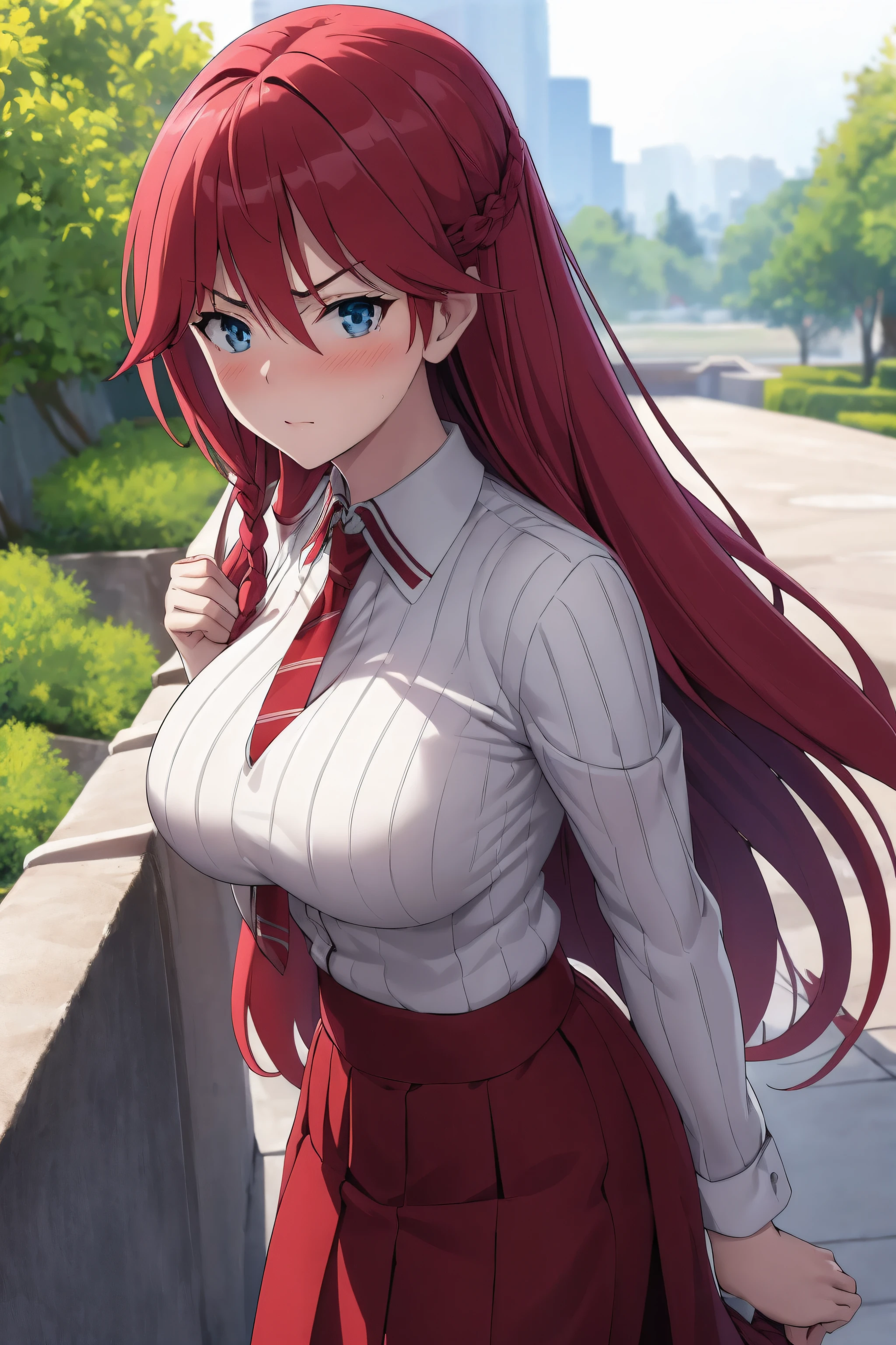 masterpiece, (best quality), 1woman,1girl ,lilith_asami,    long hair, red hair,   blue eyes , braid, side braid, long skirt, necktie, ribbed sweater, side slit, skirt, sweater, teacher, white sweater,    large breasts,,sexy woman,  adult, blush,angry, pov ,vibrant colors ,,natural lighting  ,RTX,  beautiful, (detailed face:1.2), showcase, (perfect eyes:1.1) ,(photorealistic:1.1), 8k uhd,  looking at viewer,   outdoors,  simple backround,(beautiful_face:1.5),(perfect hands, perfect anatomy),