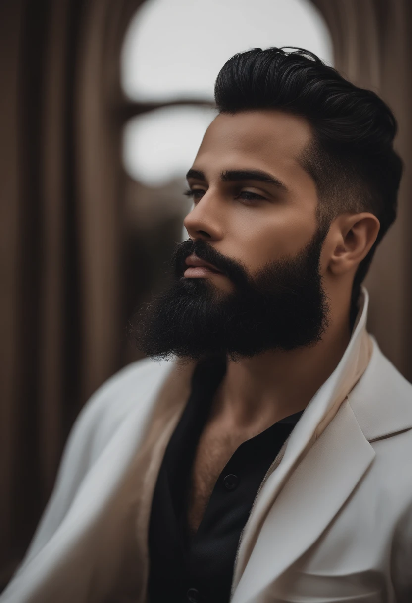 homem arvorado, with short flowing black hair and beard,com asas de anjo grandes plumas brancas, roupa como a de um deus grego compridas e branca com detalhes dourado, tonificado, olhos pretos claros e brilhantes, It is surrounded by white and bluish clouds --auto
