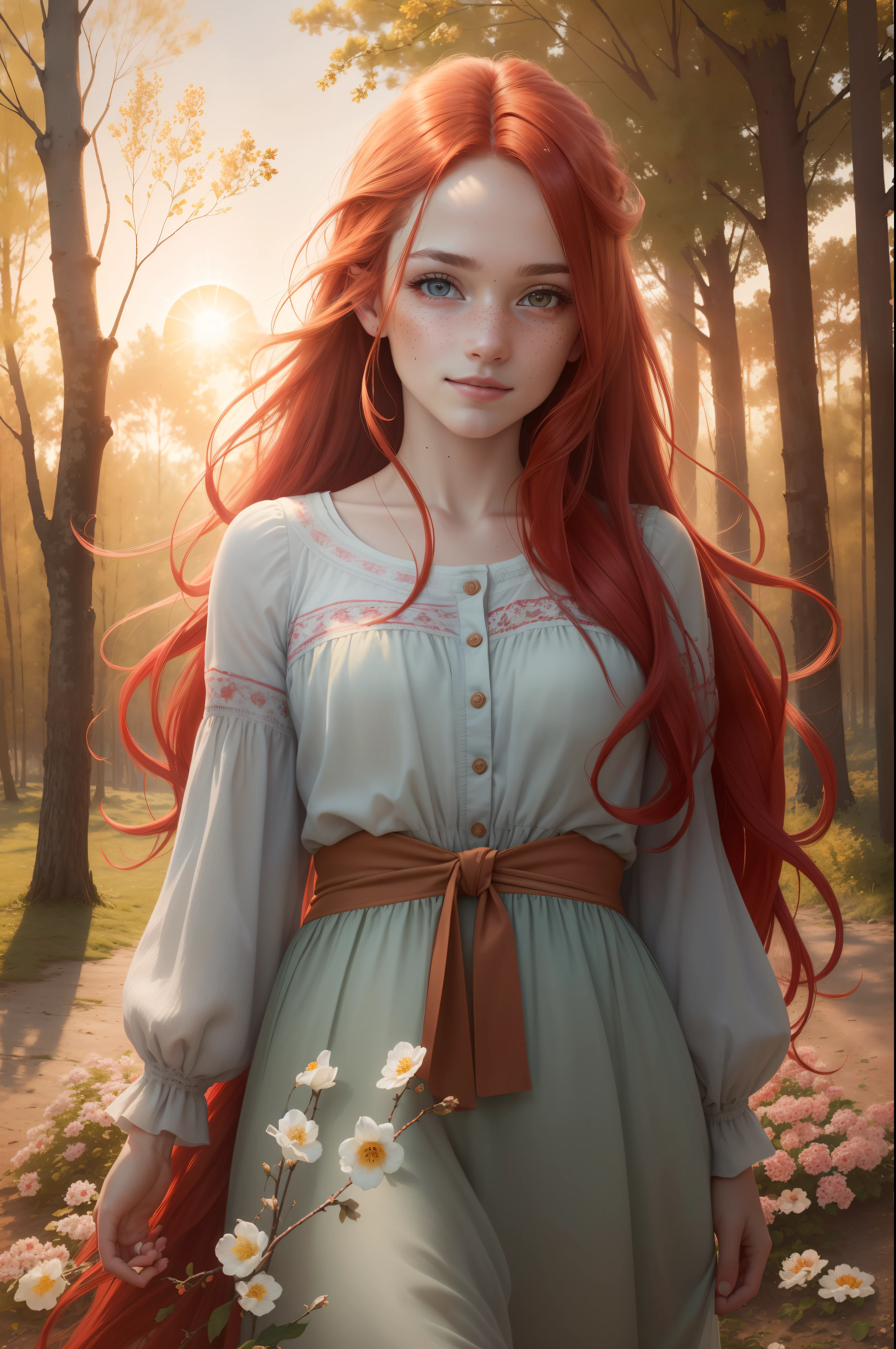 (best quality,8k,highres,masterpiece:1.2),ultra-detailed,(photorealistic:1.4) raw photo,1girl,red hair,portraits,vivid colors,sharp focus,natural lighting,freckles,rosy cheeks,intense gaze,long flowing hair,outdoor setting,soft breeze,ethereal atmosphere,sunlight streaming through the trees,flowers in the background,subtle smile,sunset hues