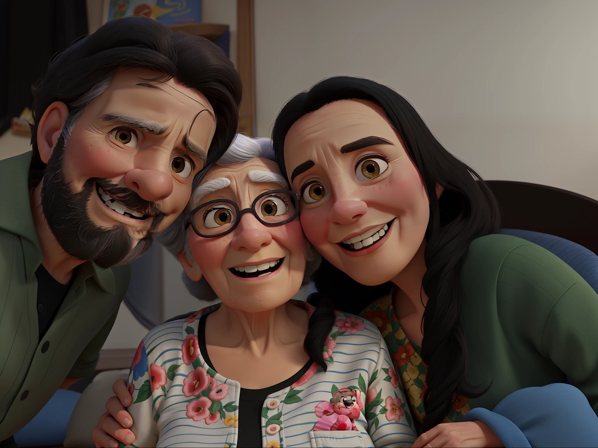 96-year-old grandmother with her grandchildren, mulher de 30anos e homem de 35 anos, High resolution Pixar style