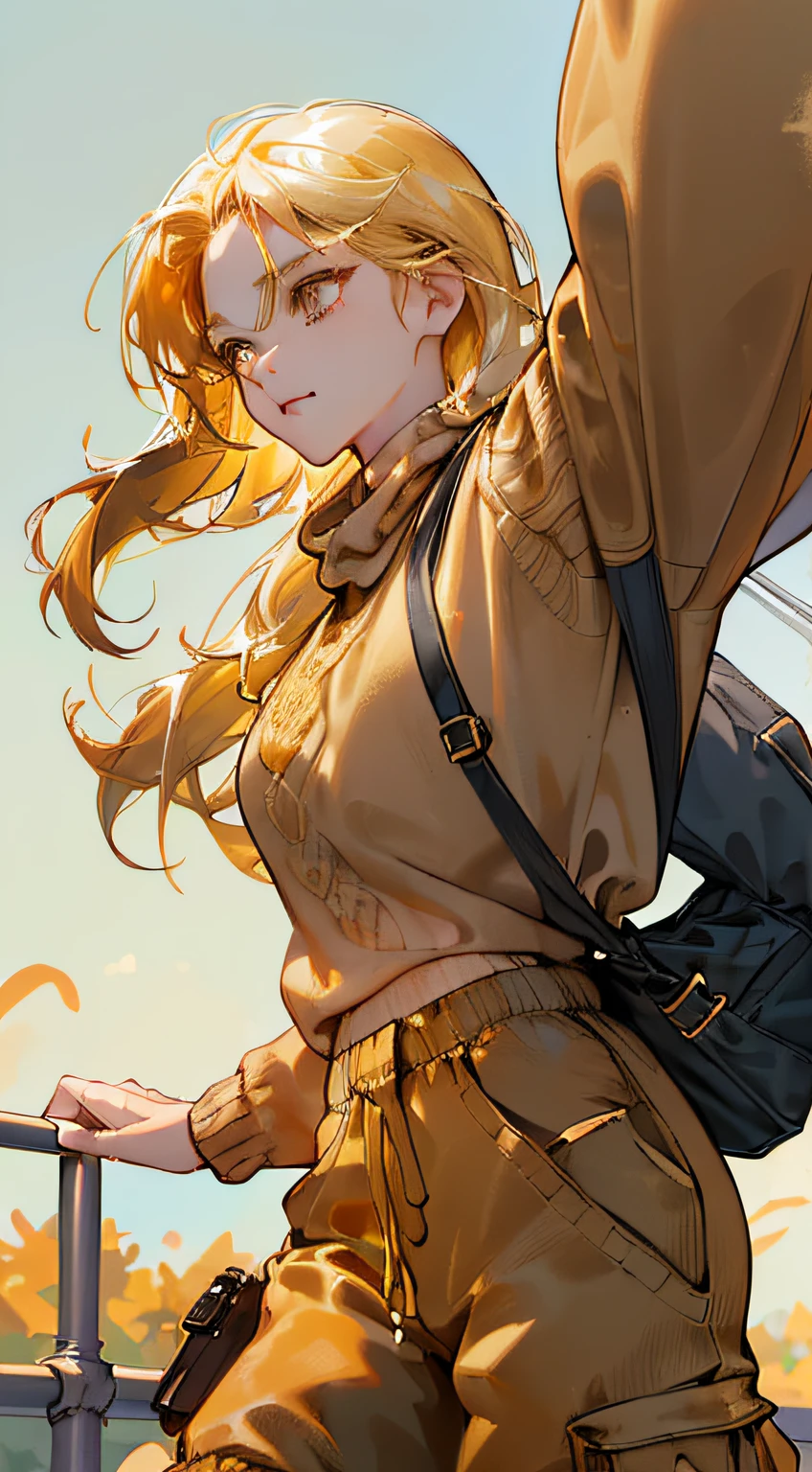 highres, ultra detailed, 1girl, solo, extremely detailed eyes, (Gold colored hair:1.5) ,long hair, (straight waist-length gold colored hair:1.5) ,(Anti-flash white-colored eyes:1.5) , ulzzang , she is wearing a (( Brown colored Sweater Overszie :1.5)) ,((Ochre colored Baggy Cargo Pants:1.5)) , she wearing a white colored sneaker , focusing on the face , ( park at morning background:1.5) ,(( crowd)) ,look at viewer ,focus emotion , excited emotion , cute pose , above vỉew , close up view , cowboy shot , relax emotion , joyful emotion , cute , walking
