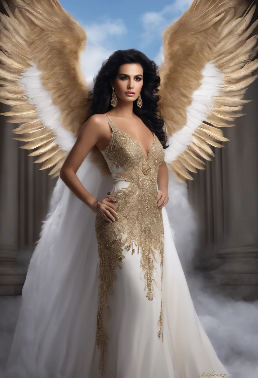 Danny Gonzalez, with short flowing black hair,com asas de anjo grandes plumas brancas, roupa como a de um deus grego compridas e branca com detalhes dourado, tonificado, olhos pretos claros e brilhantes, It is surrounded by white and bluish clouds --auto
