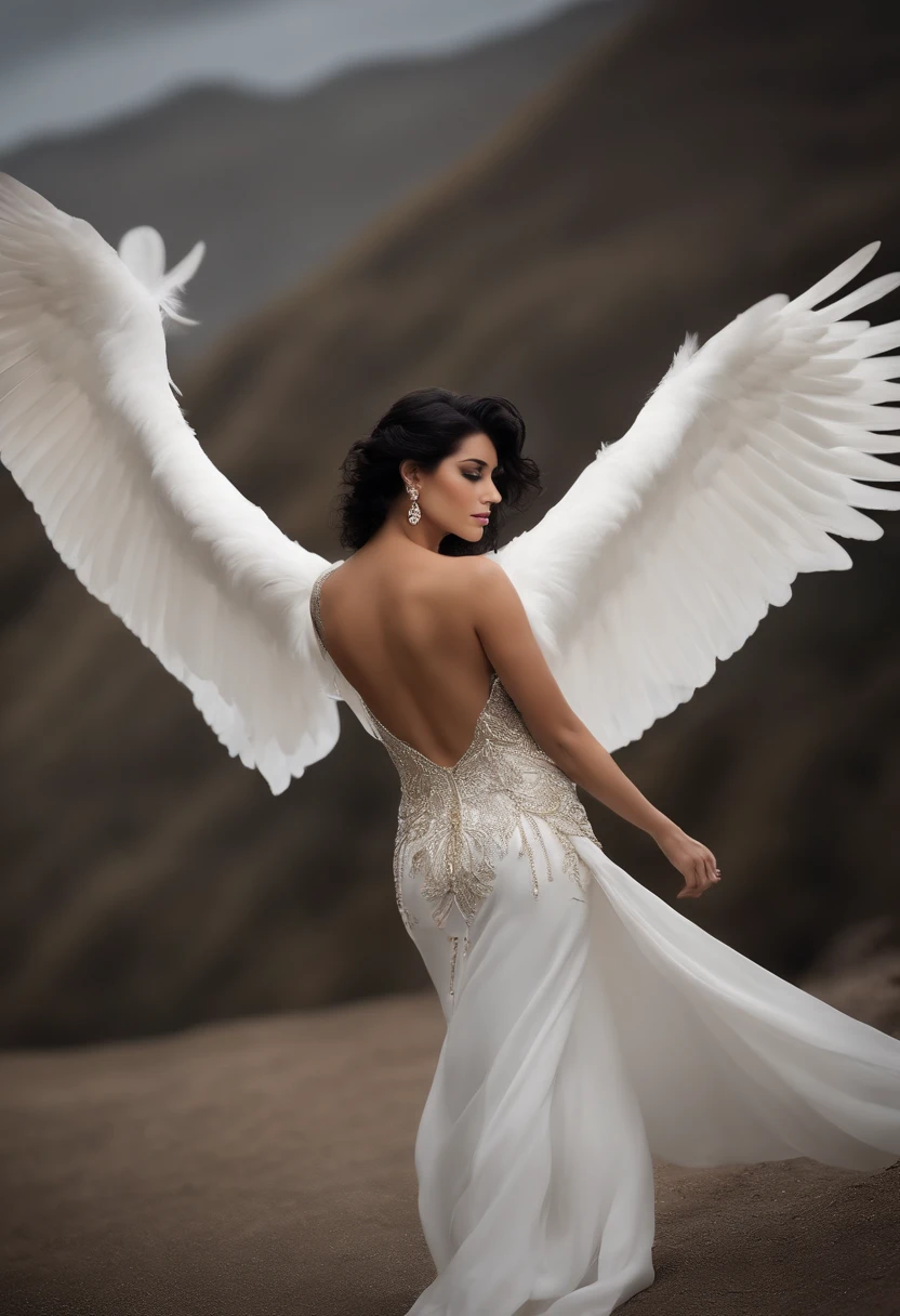 Naked, nude, topless, A woman wearing a shawl made of used plastic, highlighting large and sexy breasts, soft transparent red and white colour with red and white motifs, with wings like Indonesian garuda, holding a spear, elegant minimalist classic design, wearing a very long white skirt with patterns, above the sky, fly on top of mountains, hovering, with a shooting angle from the front, very realistic, (complex detail: 0.9), (hdr, hyperdetail: 1.2), RAW, Sony Alpha a9 II, 24-105mm f/4, HDR,
