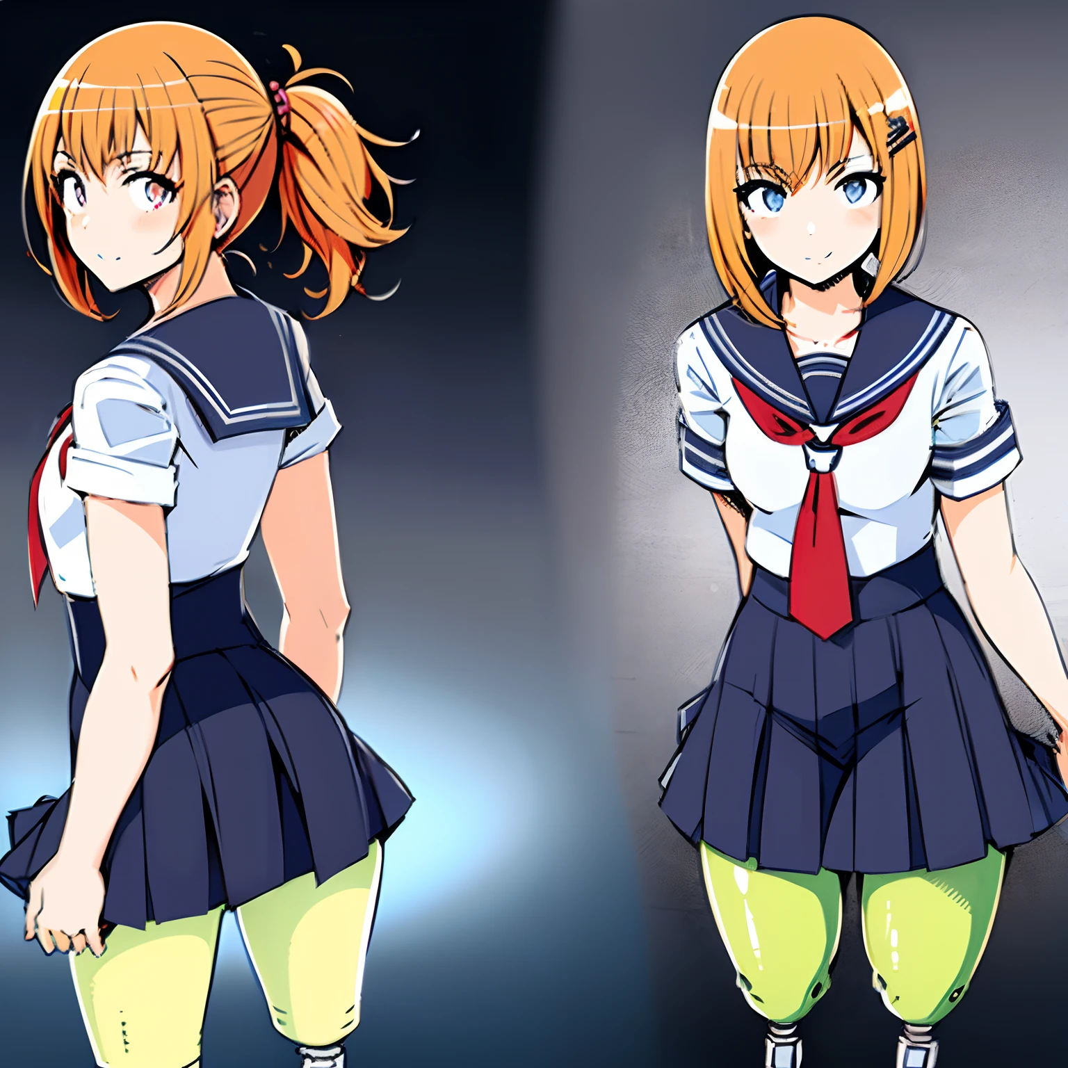 Cute ************ japaneese school girl with bionic legs, drawn in anime style, moe, futuristic, Y2K aesthetic, sci-fi, Maroon eyes, orange hair with ponytail, flat chested, sailor school uniform, hair clips, standing in high tech class room.